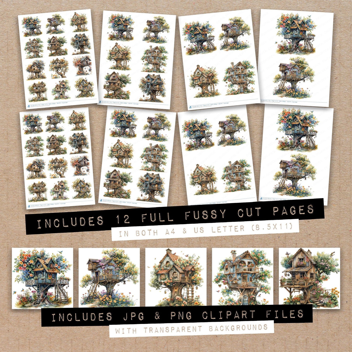 Full collection view of Floral Tree House fussy cut sheets with bonus clipart JPG and PNG files
