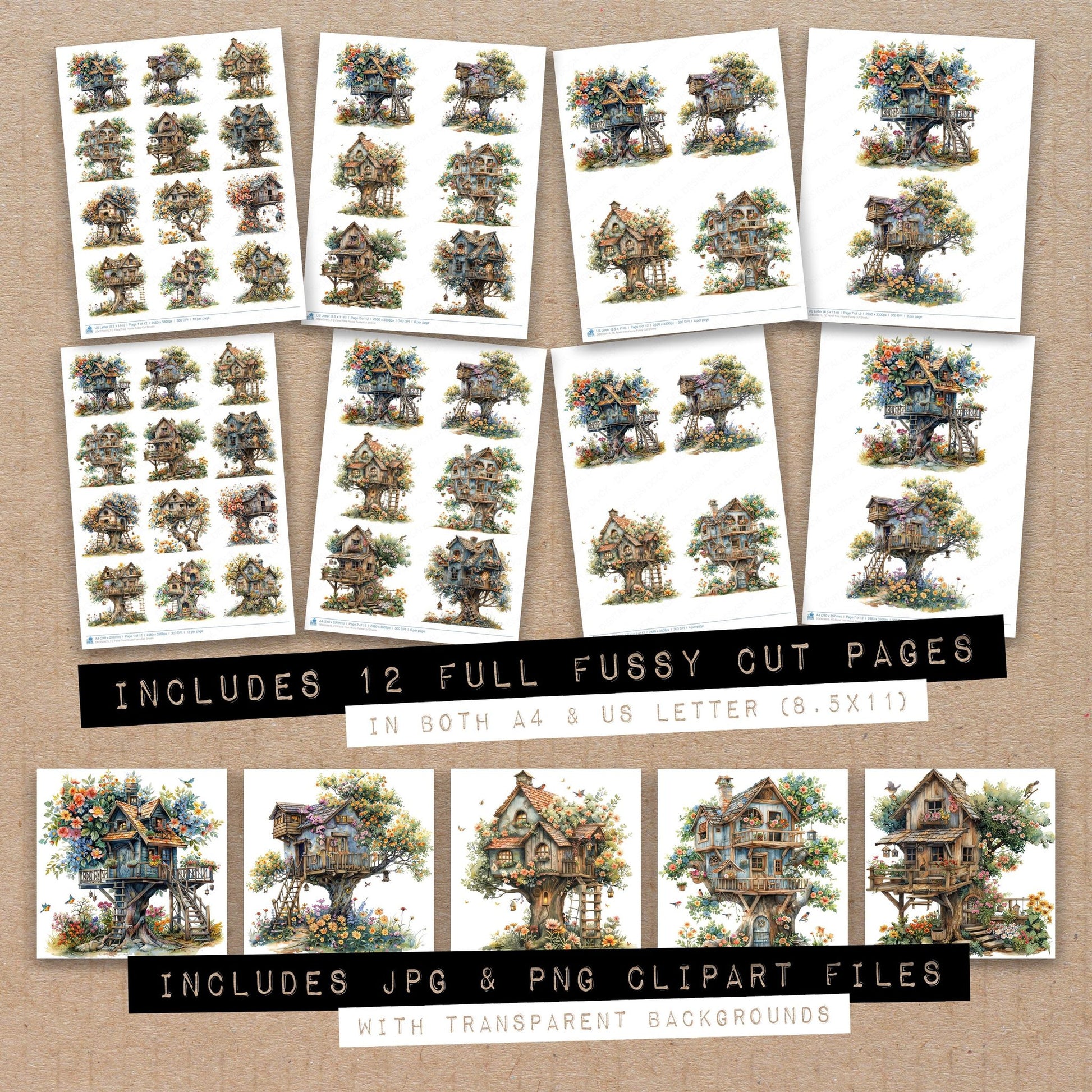 Full collection view of Floral Tree House fussy cut sheets with bonus clipart JPG and PNG files