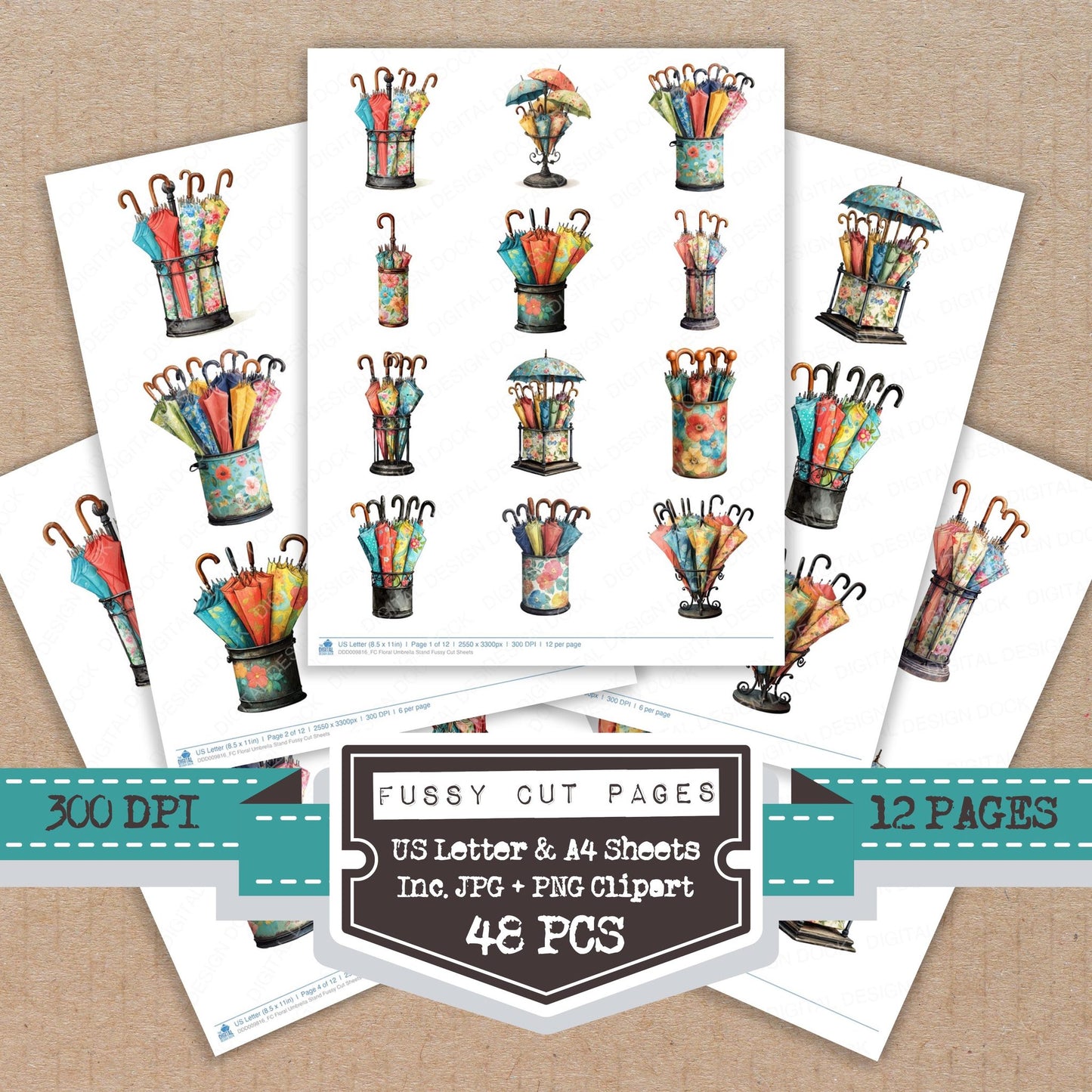 Floral Umbrella Stand fussy cut printable sheets for junk journaling, scrapbooking, and paper craft projects