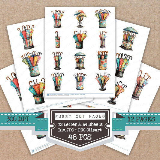 Floral Umbrella Stand fussy cut printable sheets for junk journaling, scrapbooking, and paper craft projects