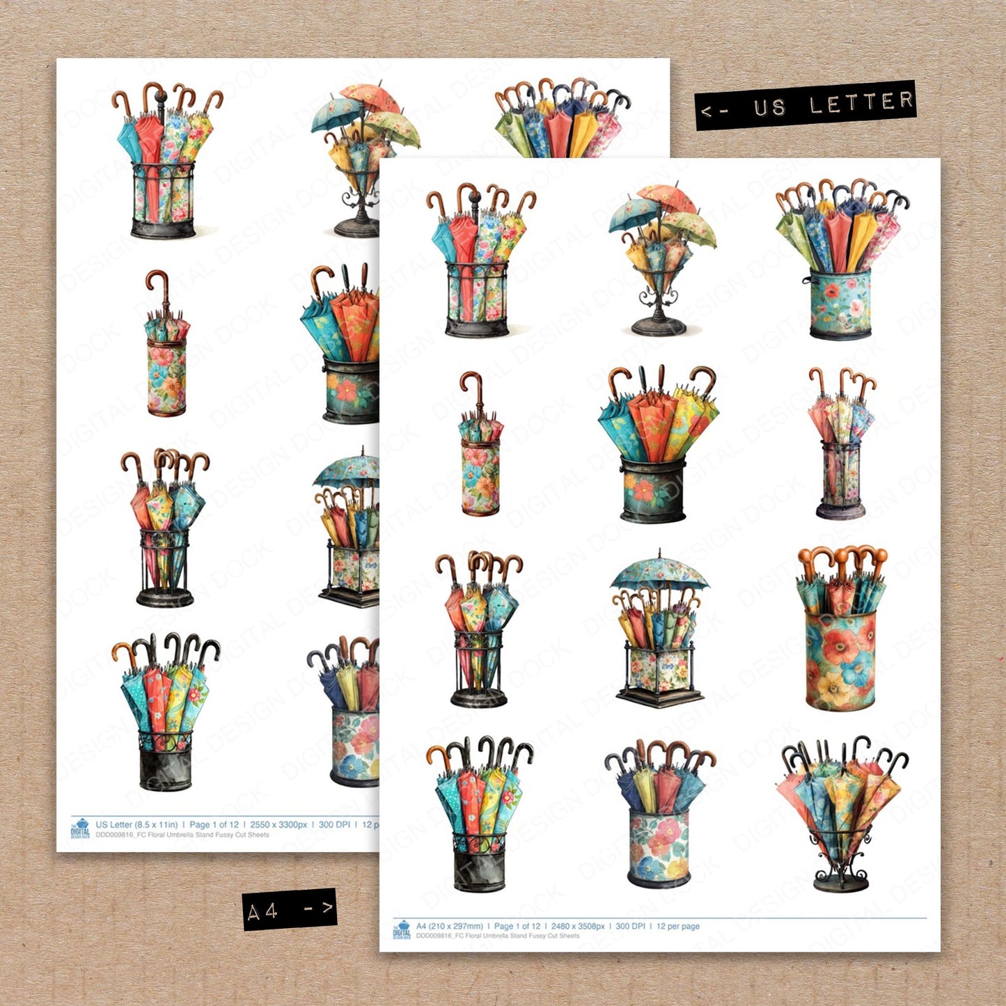 A4 and US Letter format comparison showing Floral Umbrella Stand fussy cut pages for print and cut crafting