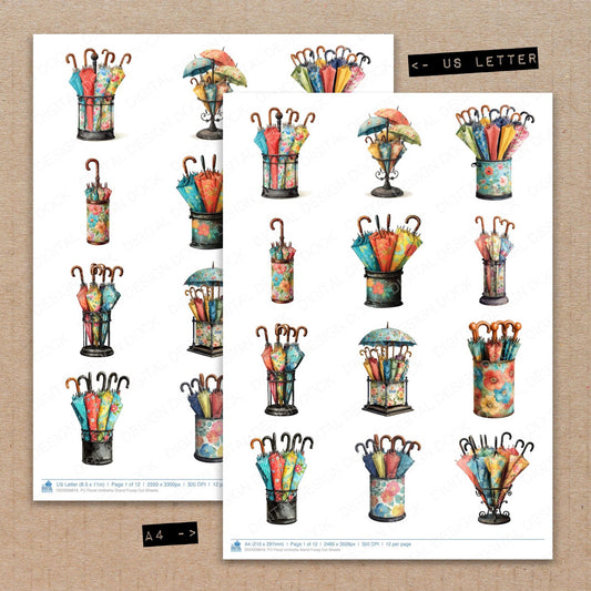 A4 and US Letter format comparison showing Floral Umbrella Stand fussy cut pages for print and cut crafting