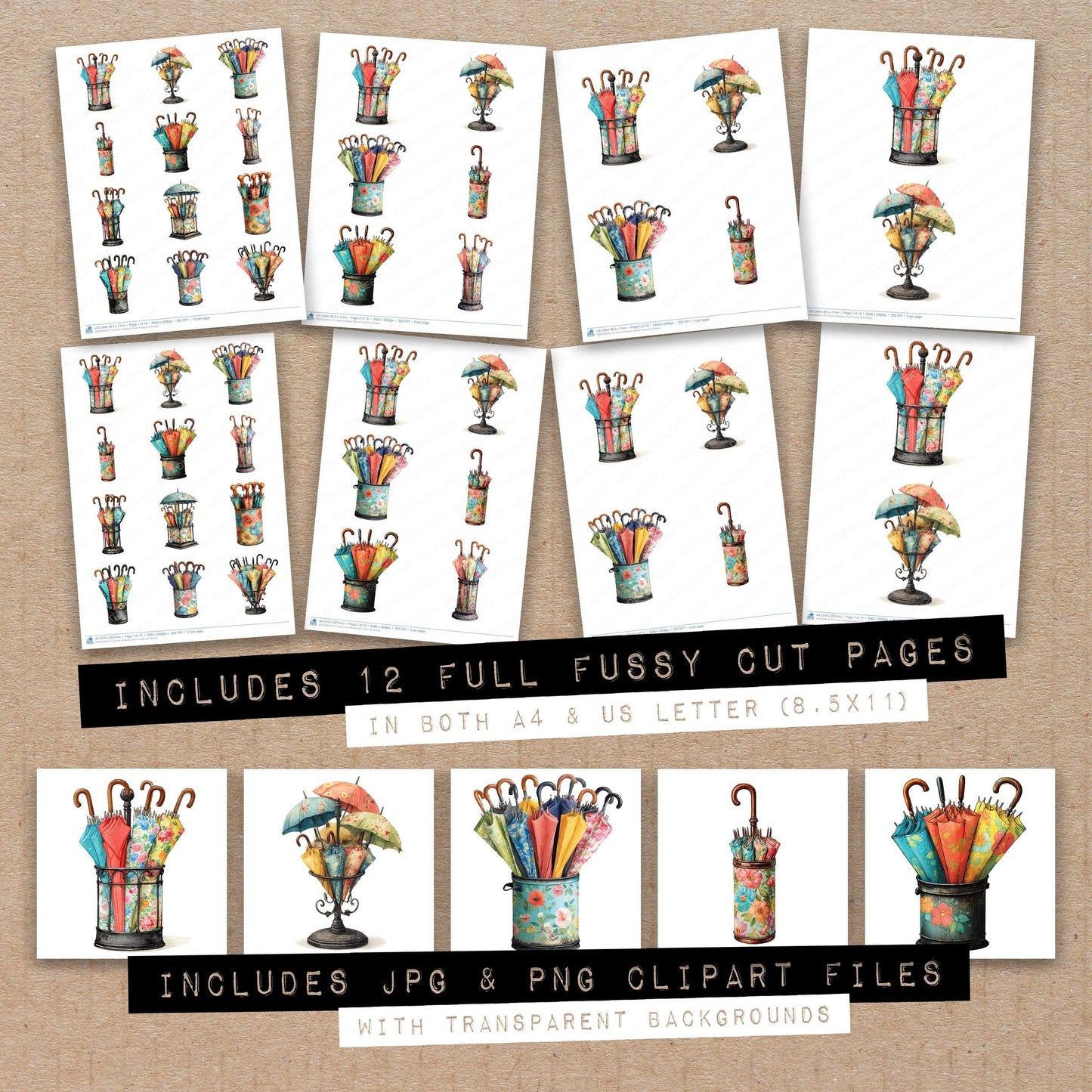 Full collection view of Floral Umbrella Stand fussy cut sheets with bonus clipart JPG and PNG files