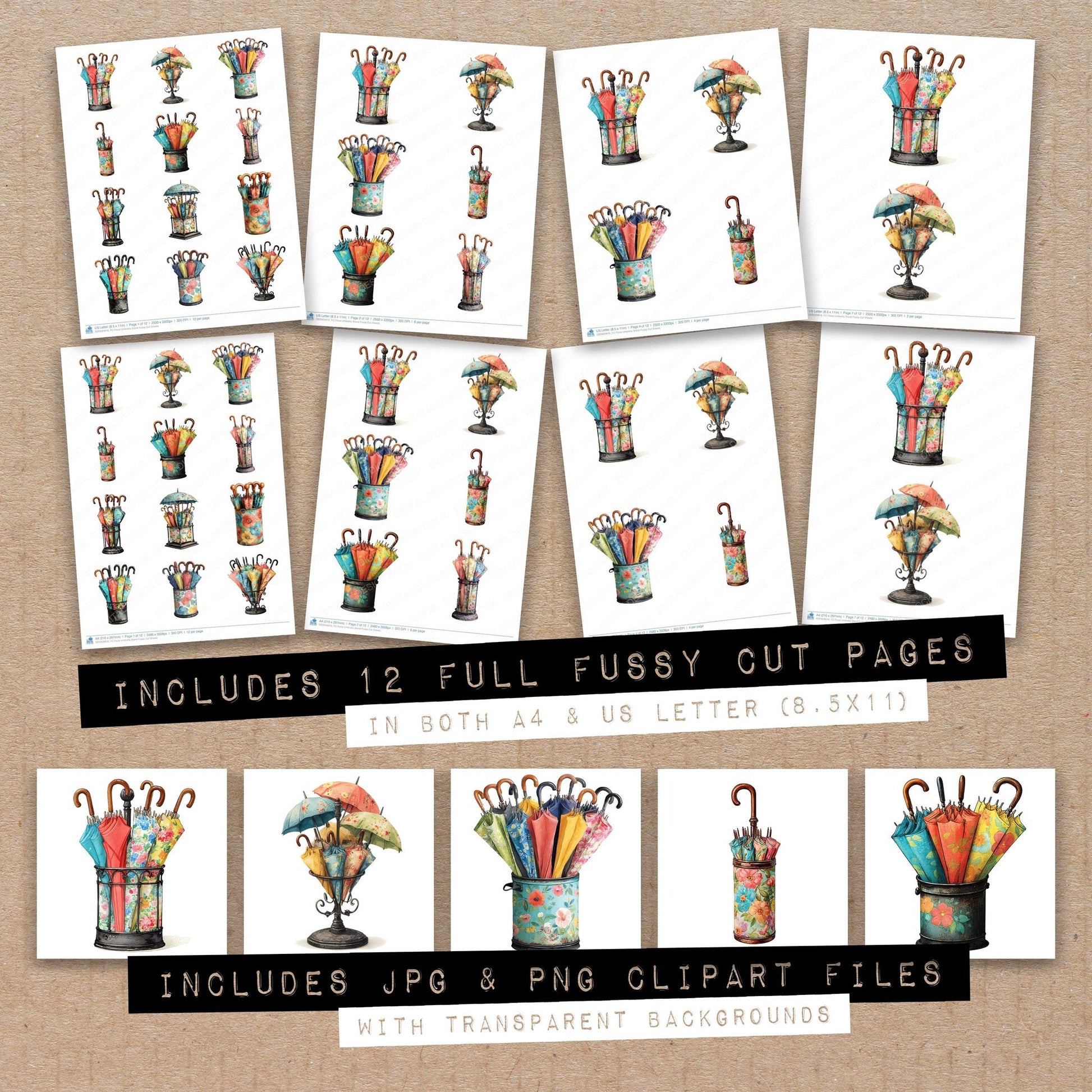 Full collection view of Floral Umbrella Stand fussy cut sheets with bonus clipart JPG and PNG files