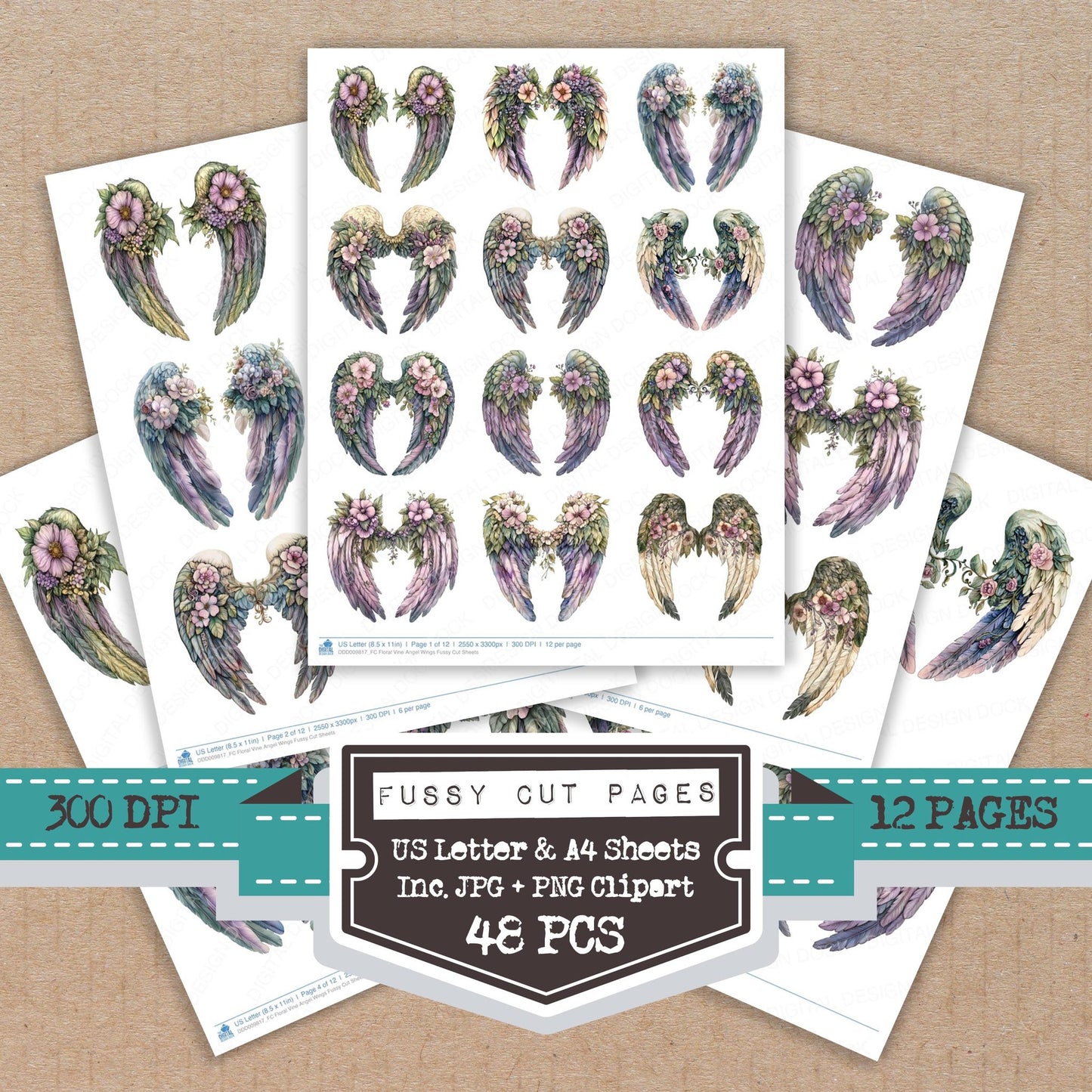 Floral Vine Angel Wings fussy cut printable sheets for junk journaling, scrapbooking, and paper craft projects