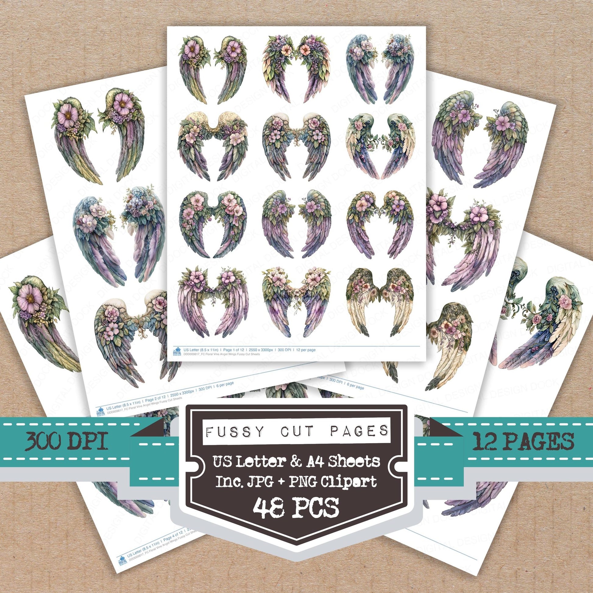 Floral Vine Angel Wings fussy cut printable sheets for junk journaling, scrapbooking, and paper craft projects