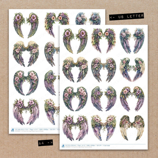 A4 and US Letter format comparison showing Floral Vine Angel Wings fussy cut pages for print and cut crafting