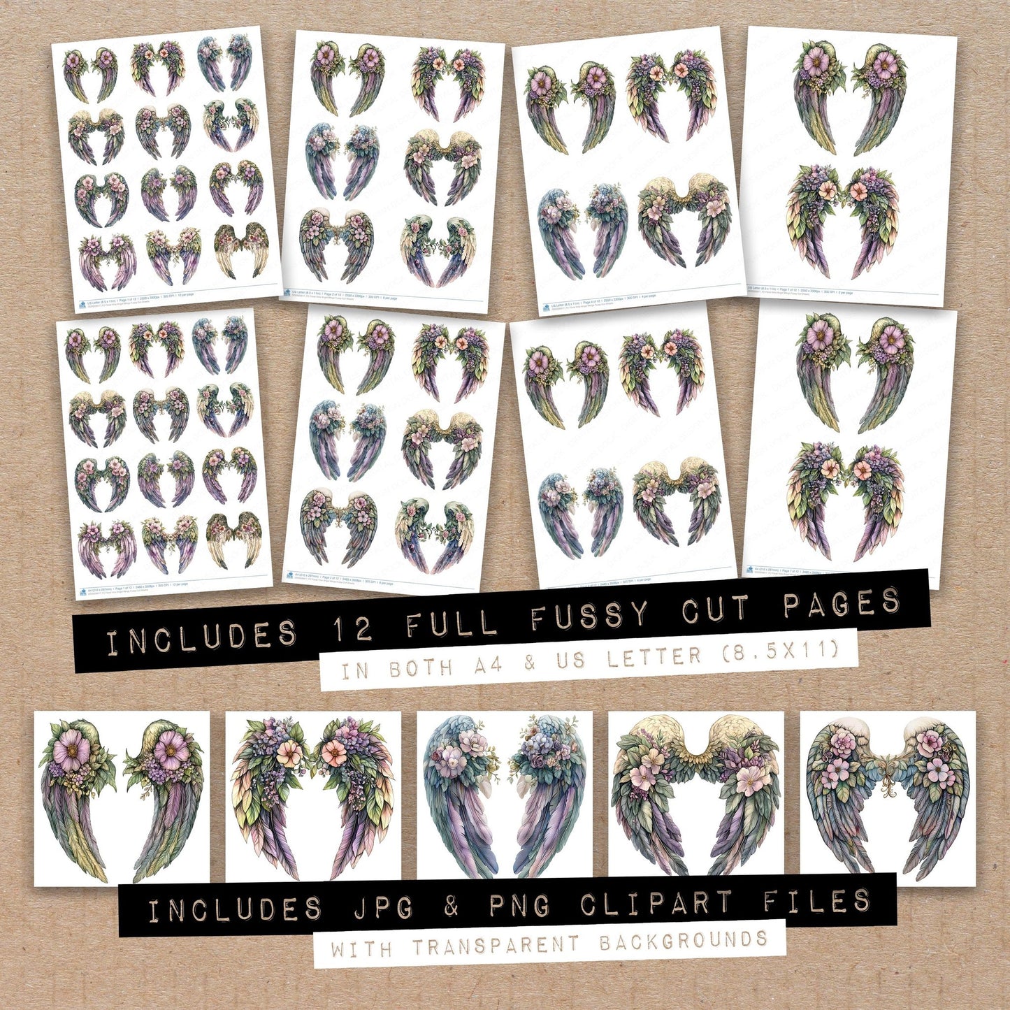 Full collection view of Floral Vine Angel Wings fussy cut sheets with bonus clipart JPG and PNG files