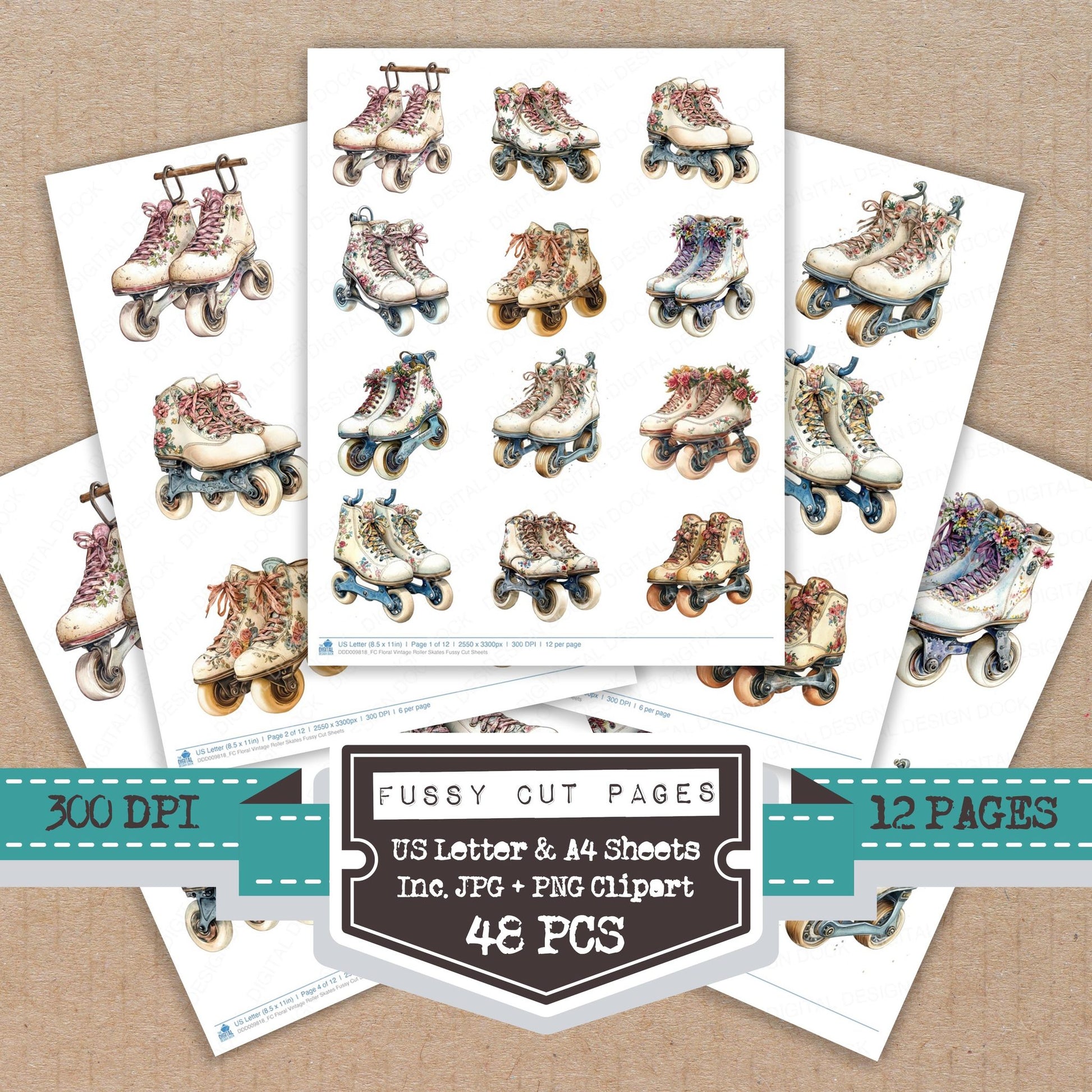 Floral Vintage Roller Skates fussy cut printable sheets for junk journaling, scrapbooking, and paper craft projects