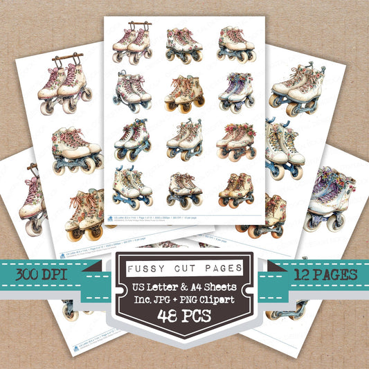 Floral Vintage Roller Skates fussy cut printable sheets for junk journaling, scrapbooking, and paper craft projects