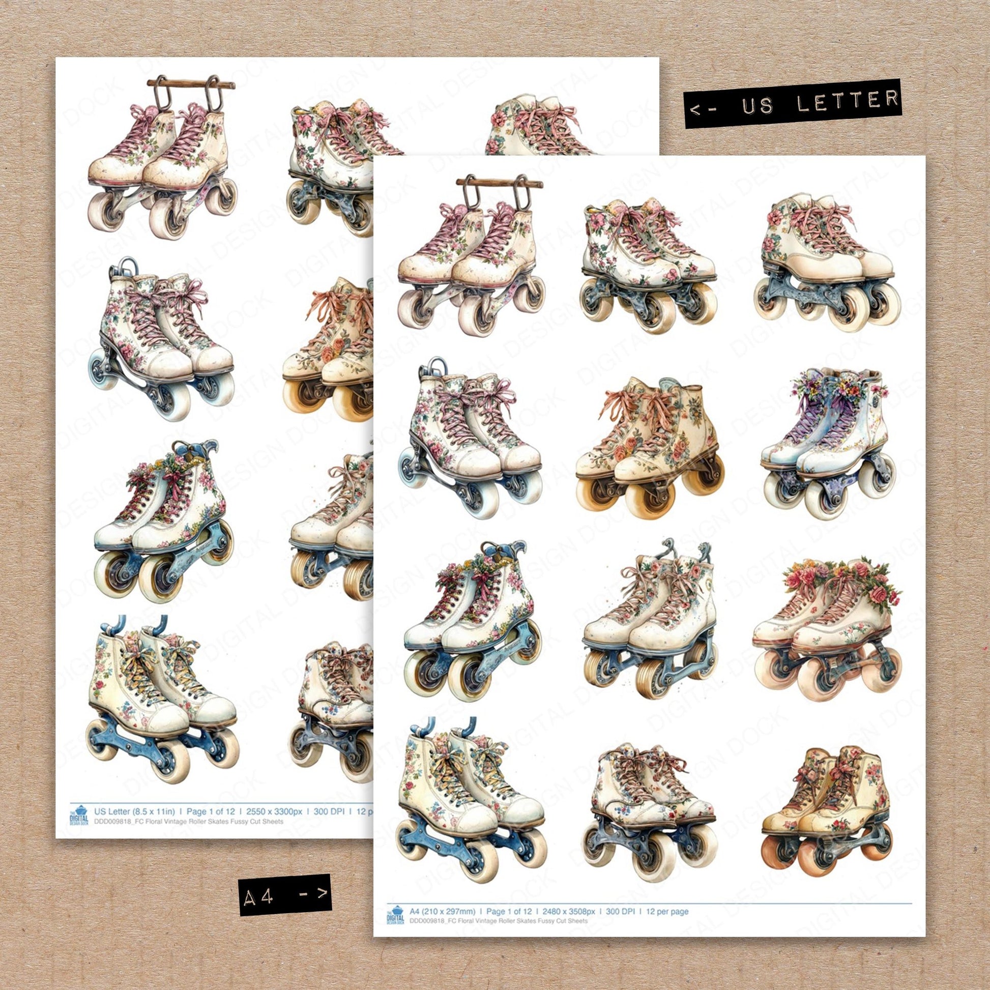 A4 and US Letter format comparison showing Floral Vintage Roller Skates fussy cut pages for print and cut crafting