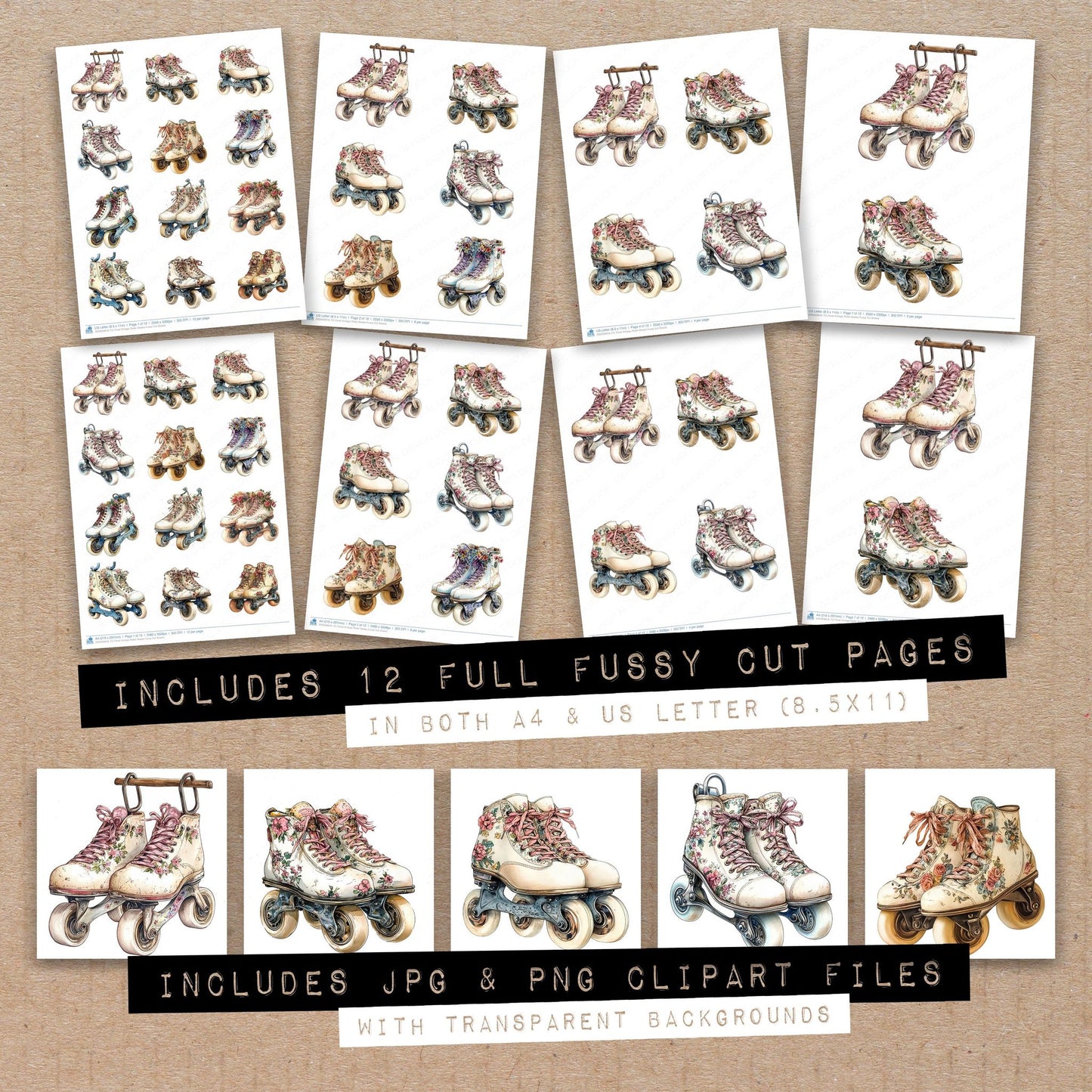 Full collection view of Floral Vintage Roller Skates fussy cut sheets with bonus clipart JPG and PNG files