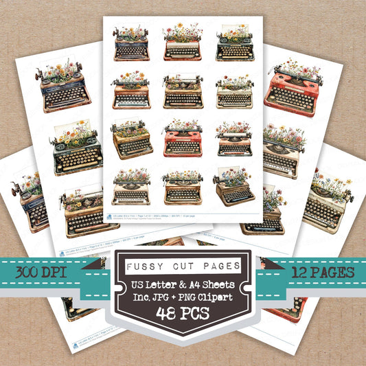 Floral Vintage Typewriter fussy cut printable sheets for junk journaling, scrapbooking, and paper craft projects