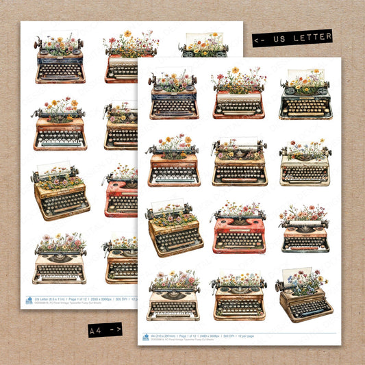 A4 and US Letter format comparison showing Floral Vintage Typewriter fussy cut pages for print and cut crafting