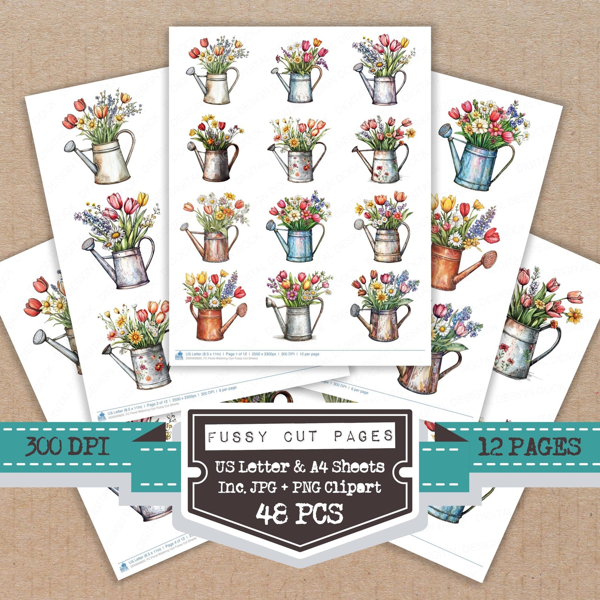Floral Watering Can fussy cut printable sheets for junk journaling, scrapbooking, and paper craft projects