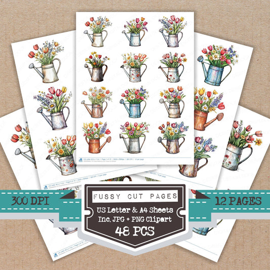 Floral Watering Can fussy cut printable sheets for junk journaling, scrapbooking, and paper craft projects
