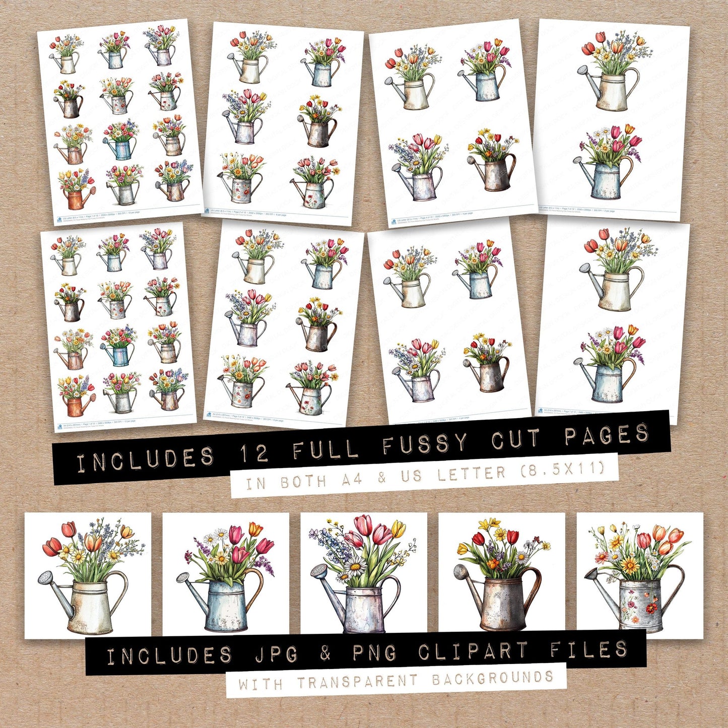 Full collection view of Floral Watering Can fussy cut sheets with bonus clipart JPG and PNG files