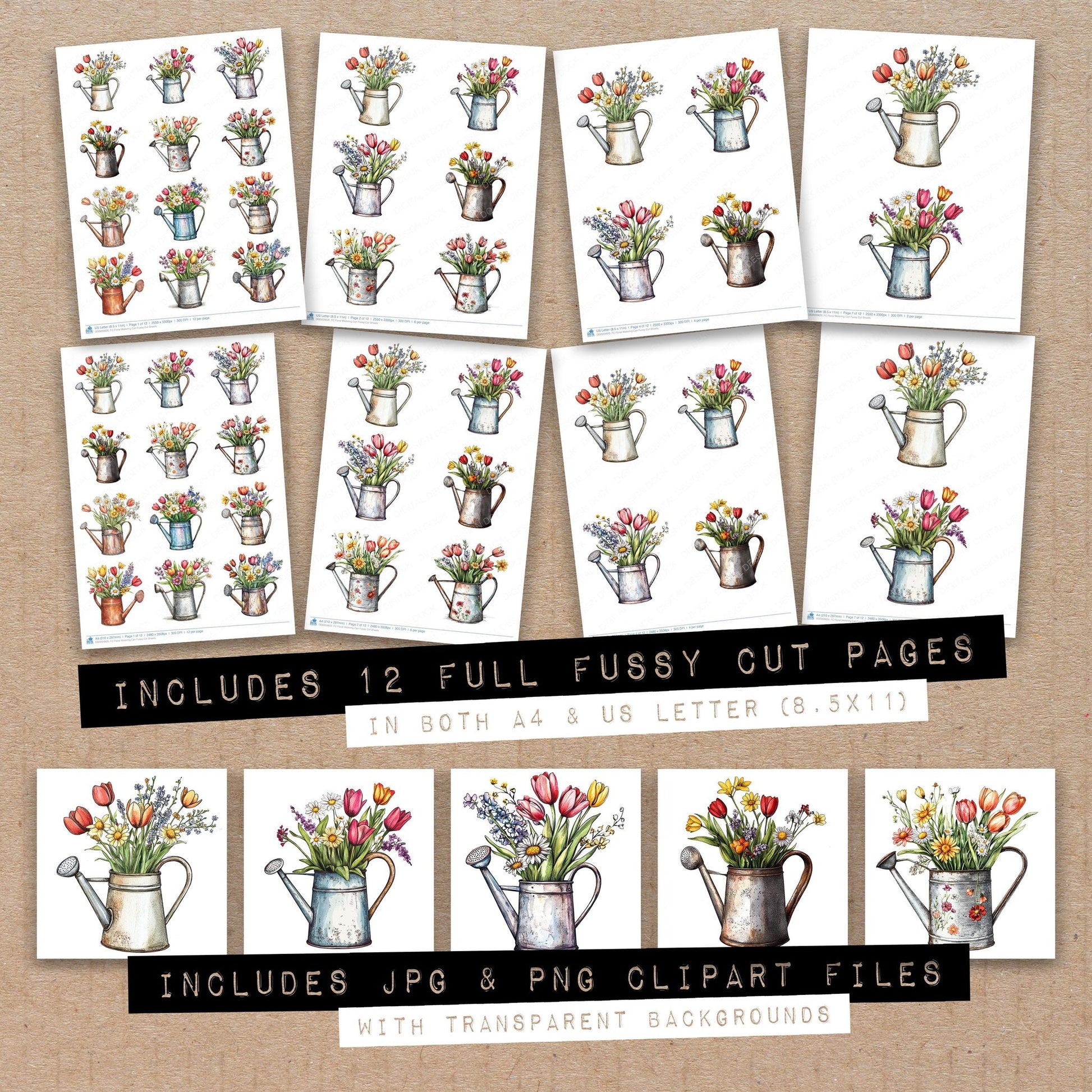 Full collection view of Floral Watering Can fussy cut sheets with bonus clipart JPG and PNG files