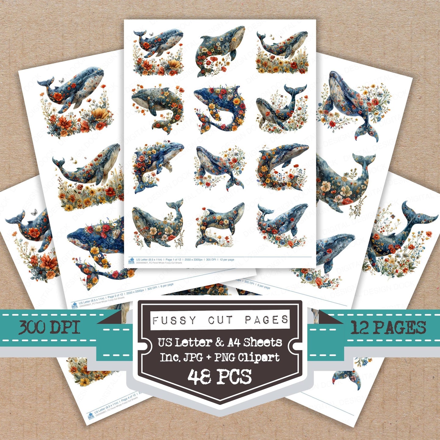 Floral Whale fussy cut printable sheets for junk journaling, scrapbooking, and paper craft projects