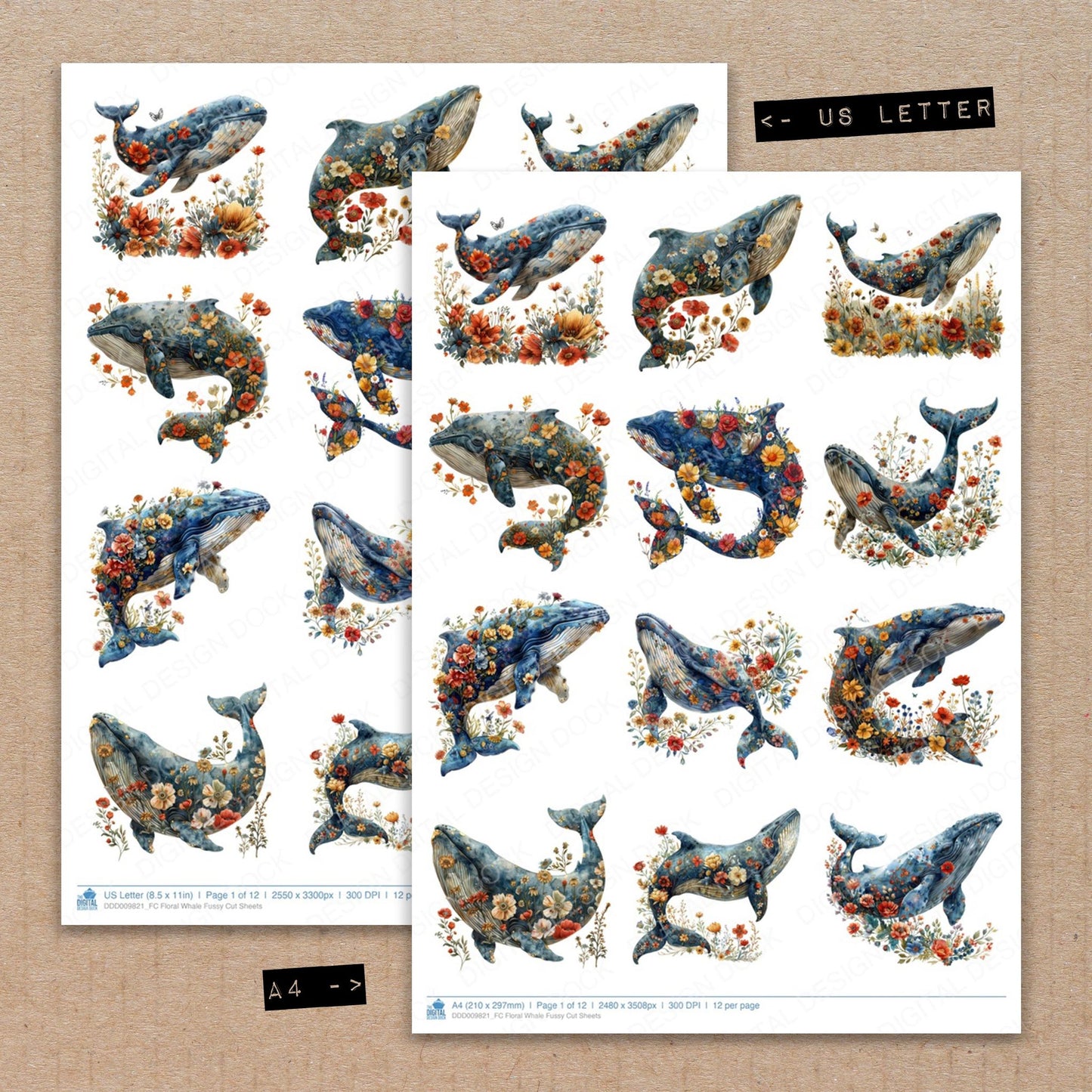 A4 and US Letter format comparison showing Floral Whale fussy cut pages for print and cut crafting