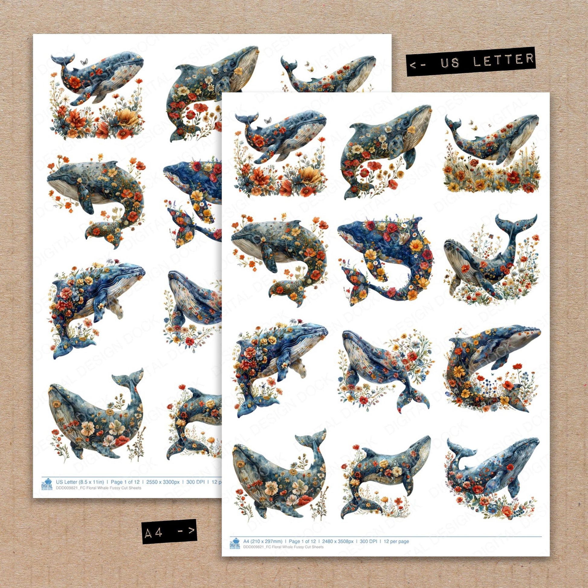 A4 and US Letter format comparison showing Floral Whale fussy cut pages for print and cut crafting