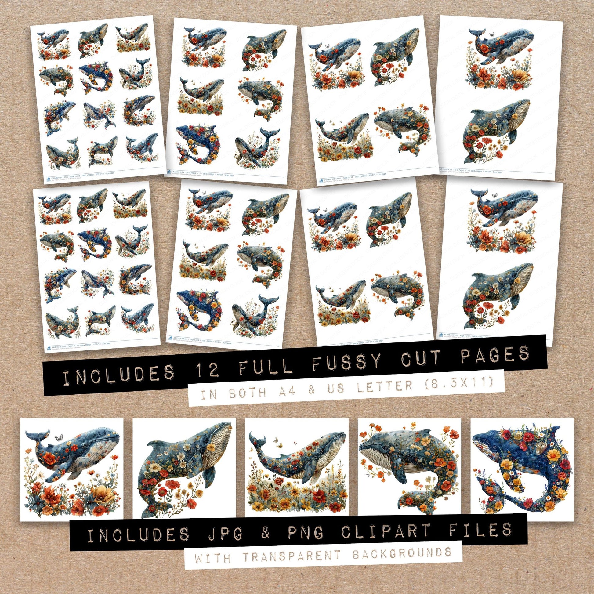 Full collection view of Floral Whale fussy cut sheets with bonus clipart JPG and PNG files
