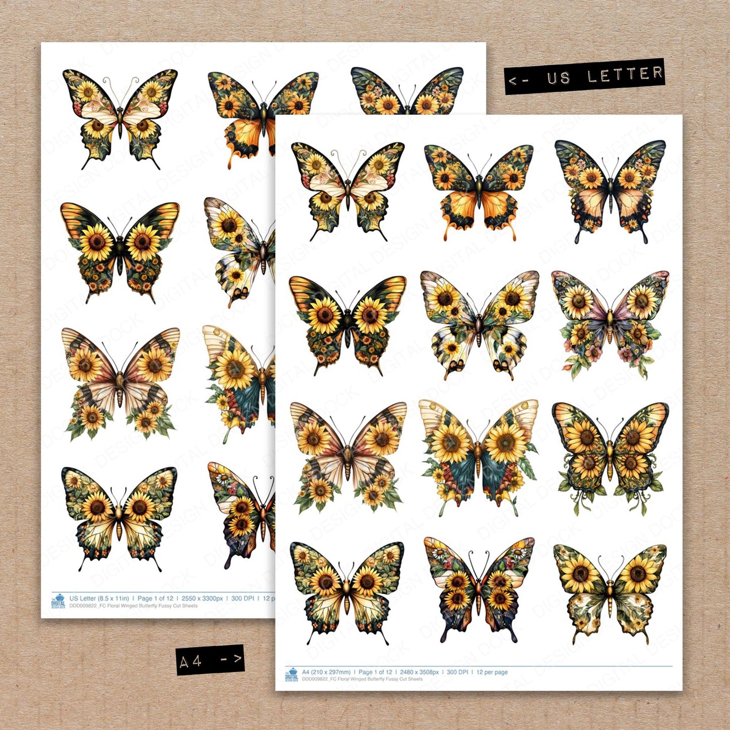 A4 and US Letter format comparison showing Floral Winged Butterfly fussy cut pages for print and cut crafting