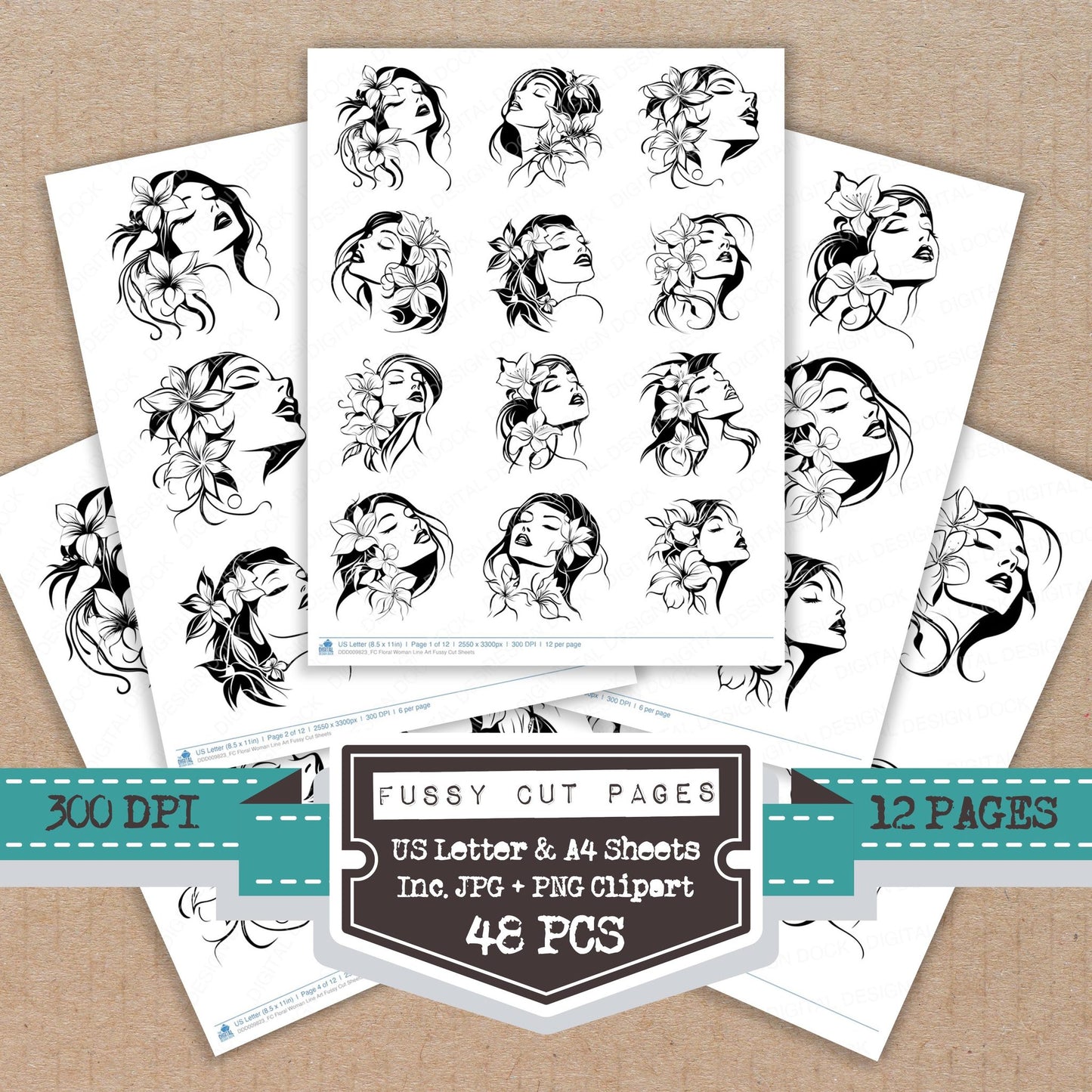Floral Woman Line Art fussy cut printable sheets for junk journaling, scrapbooking, and paper craft projects