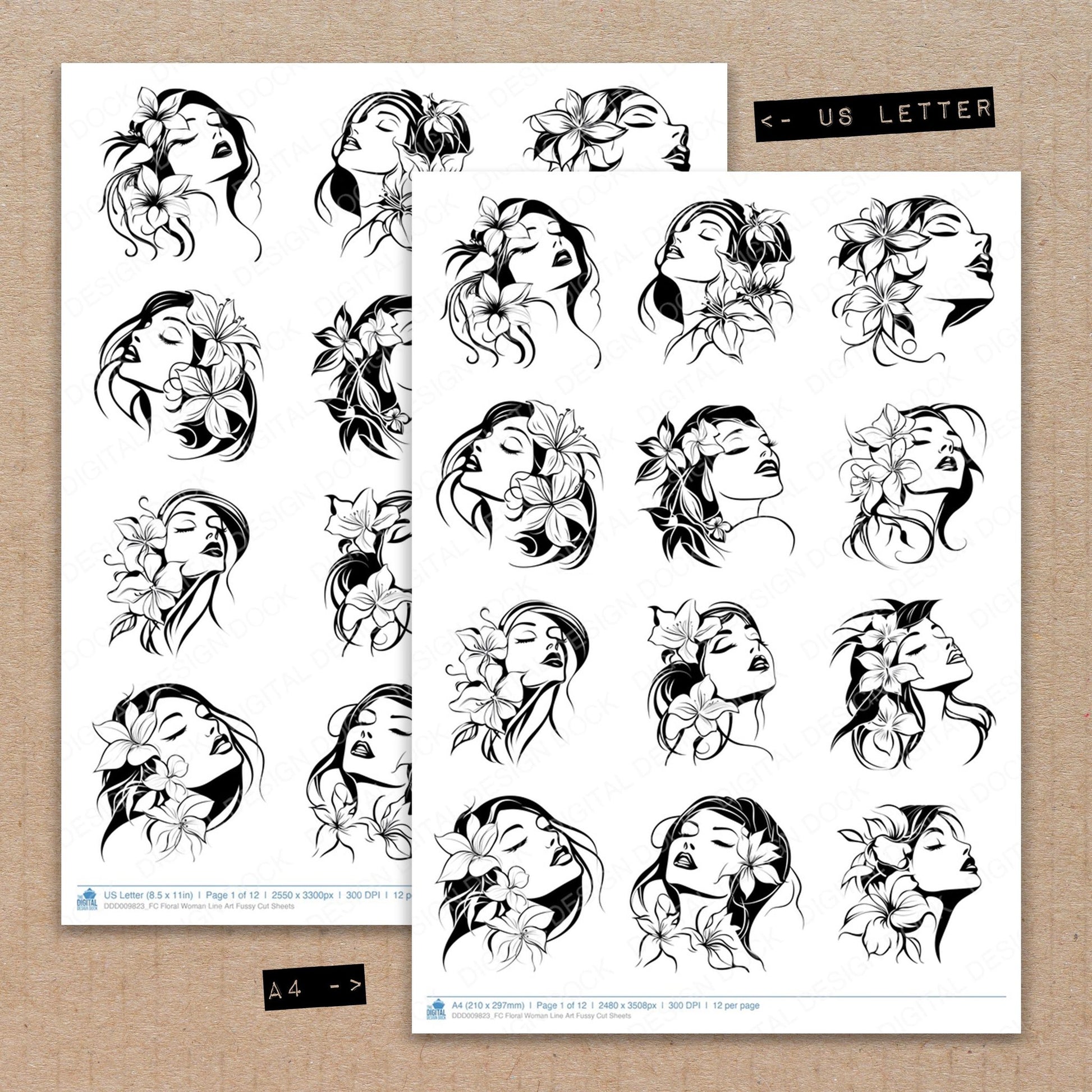 A4 and US Letter format comparison showing Floral Woman Line Art fussy cut pages for print and cut crafting