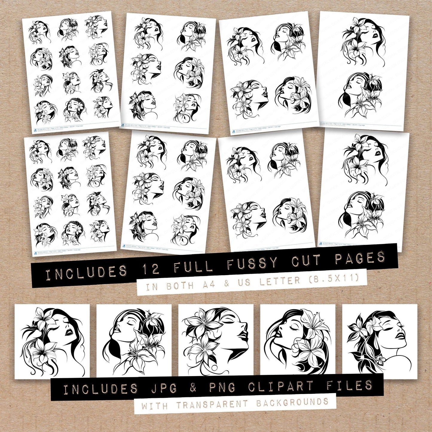 Full collection view of Floral Woman Line Art fussy cut sheets with bonus clipart JPG and PNG files