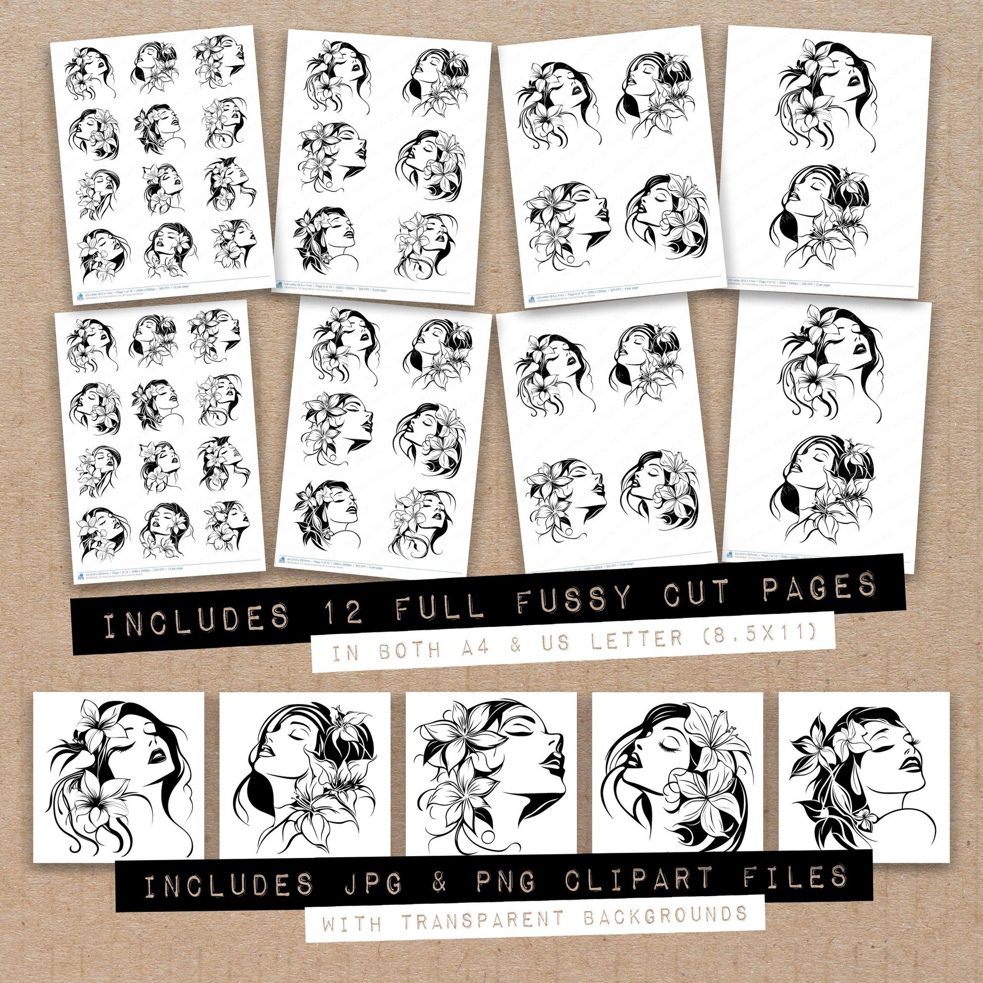 Full collection view of Floral Woman Line Art fussy cut sheets with bonus clipart JPG and PNG files