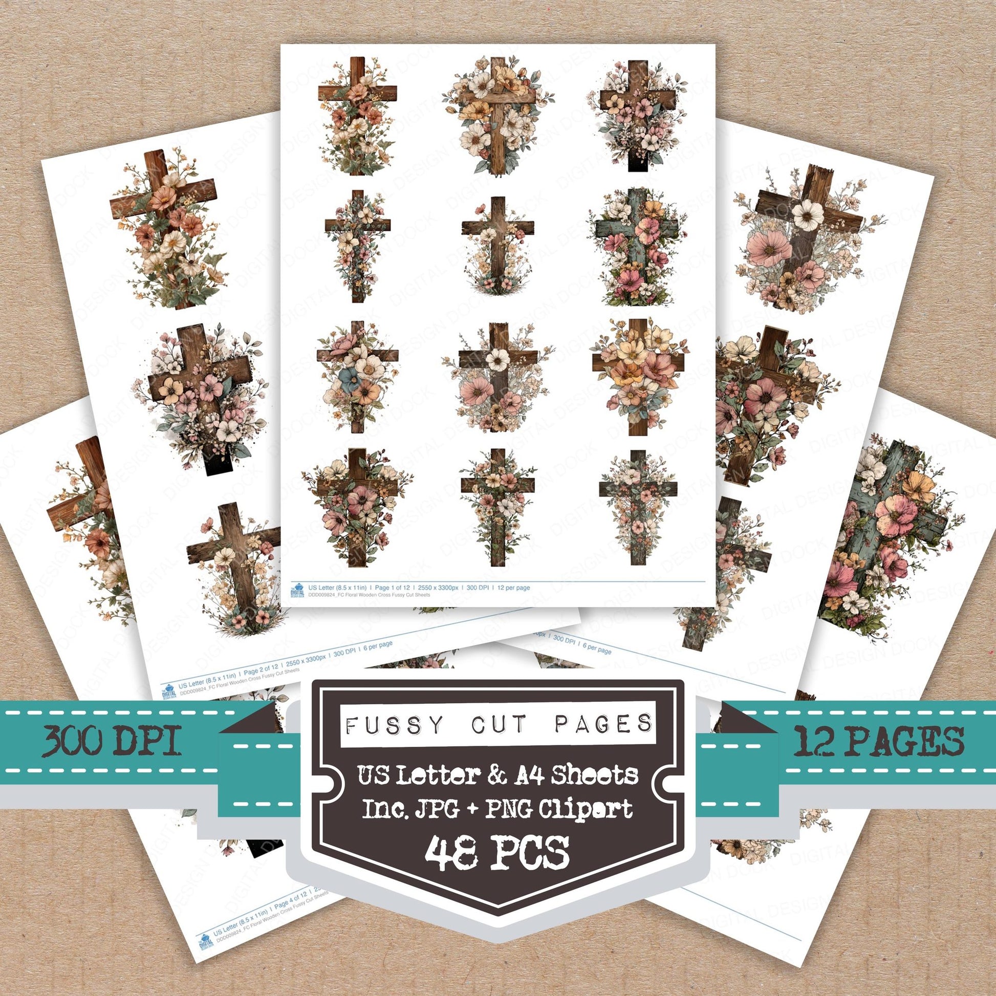 Floral Wooden Cross fussy cut printable sheets for junk journaling, scrapbooking, and paper craft projects