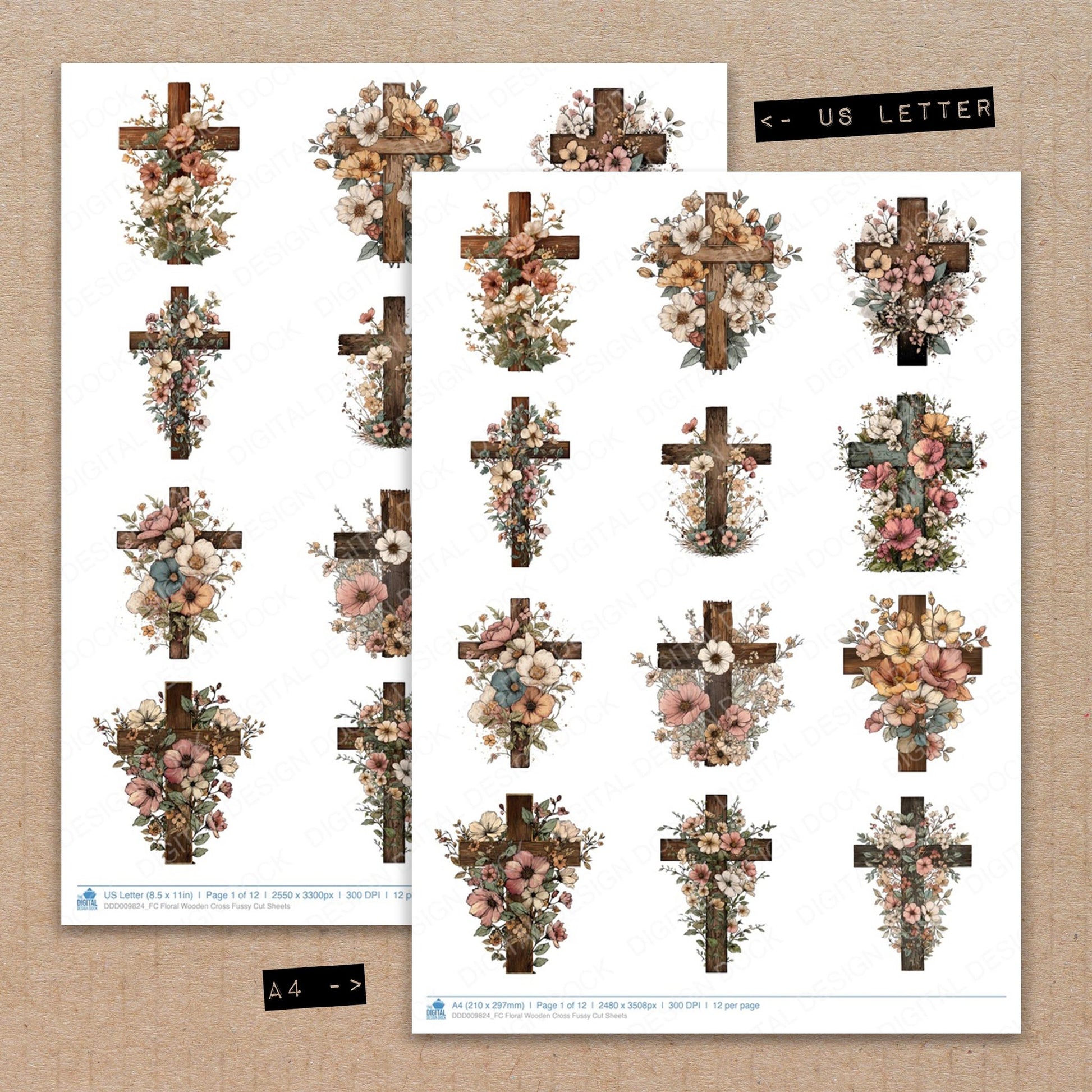 A4 and US Letter format comparison showing Floral Wooden Cross fussy cut pages for print and cut crafting