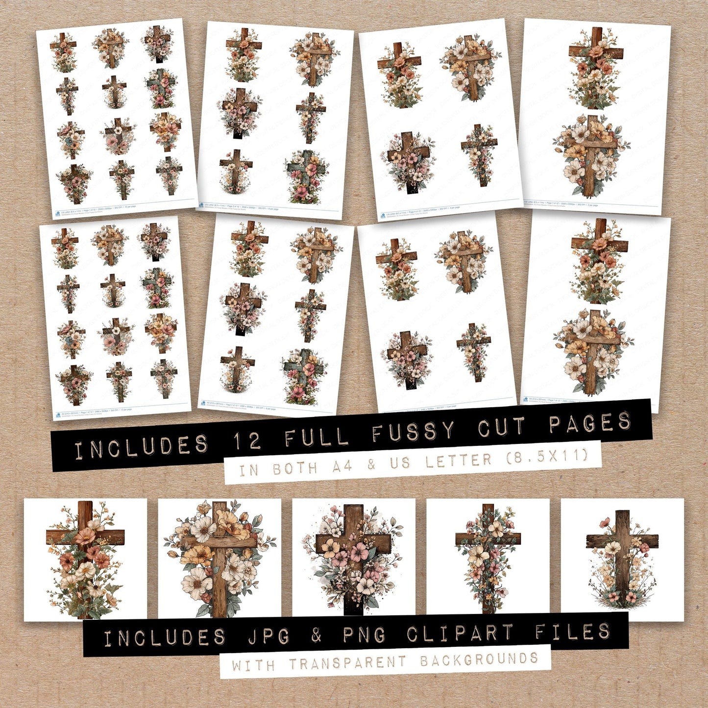 Full collection view of Floral Wooden Cross fussy cut sheets with bonus clipart JPG and PNG files