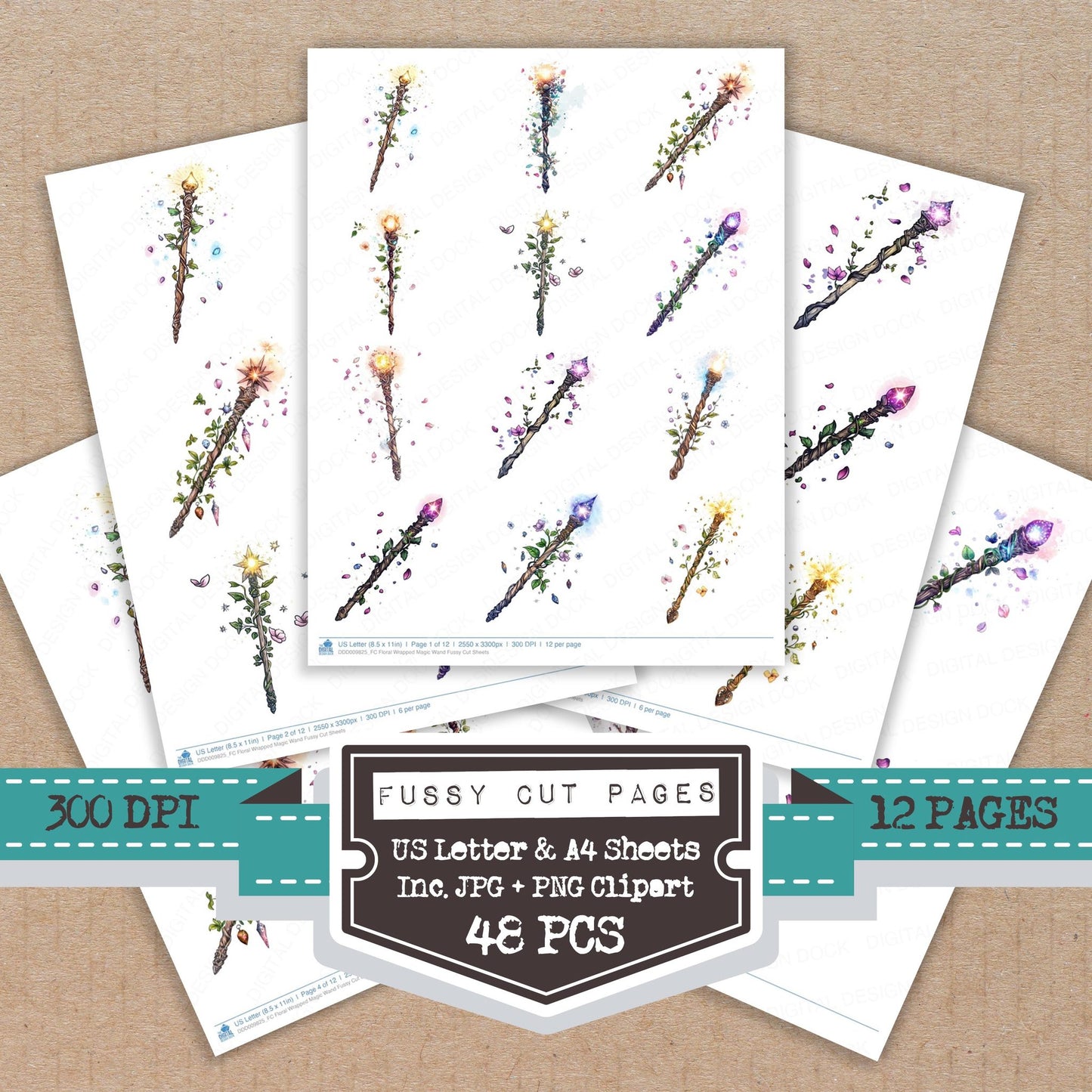 Floral Wrapped Magic Wand fussy cut printable sheets for junk journaling, scrapbooking, and paper craft projects