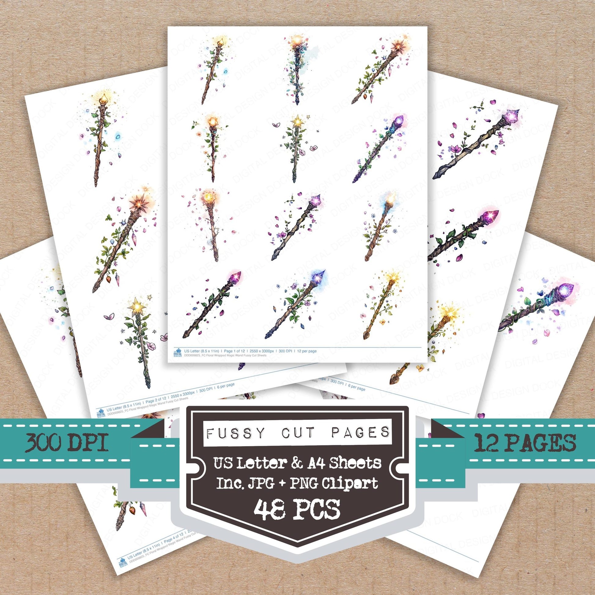 Floral Wrapped Magic Wand fussy cut printable sheets for junk journaling, scrapbooking, and paper craft projects