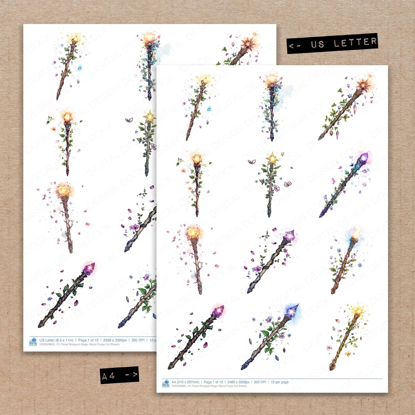 A4 and US Letter format comparison showing Floral Wrapped Magic Wand fussy cut pages for print and cut crafting