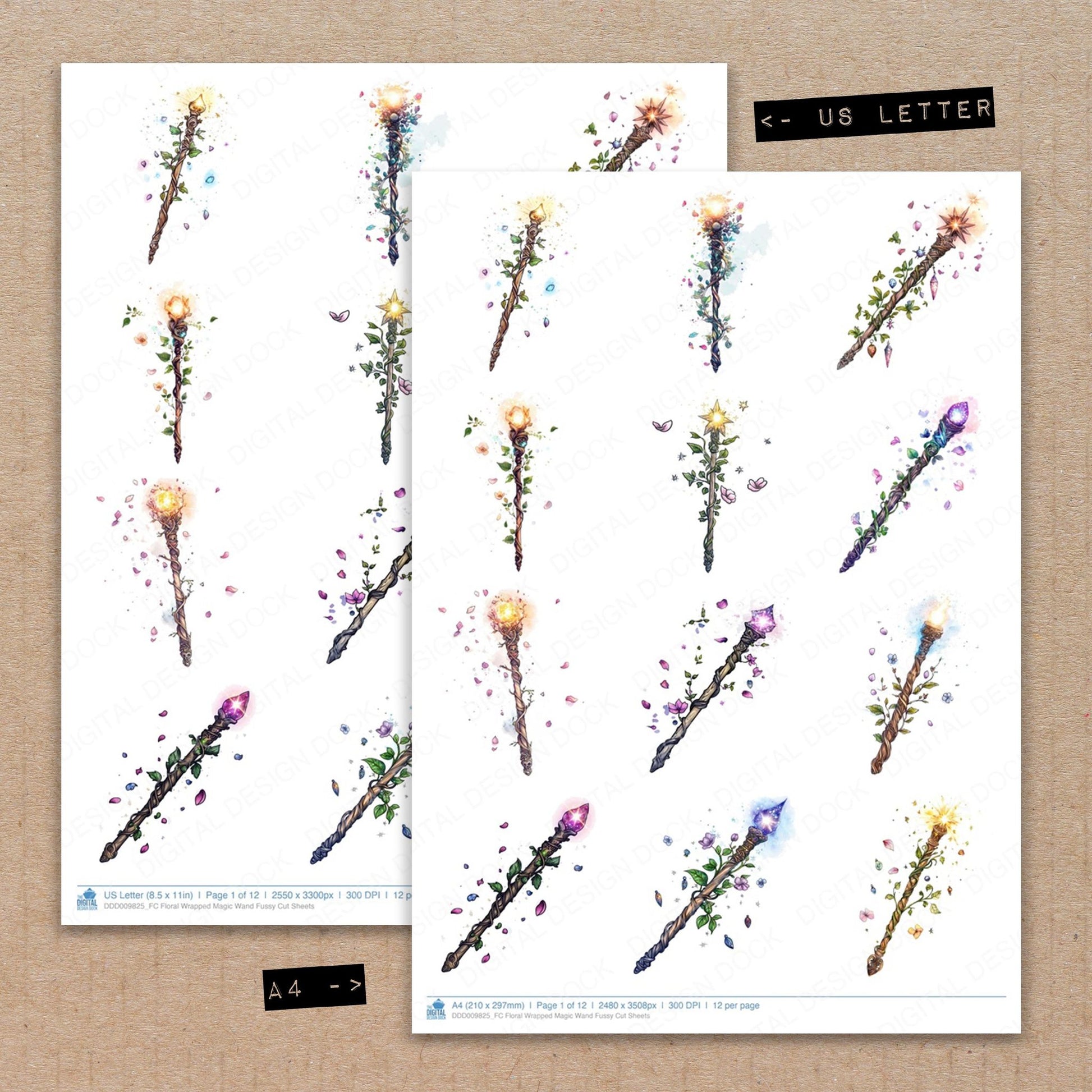 A4 and US Letter format comparison showing Floral Wrapped Magic Wand fussy cut pages for print and cut crafting