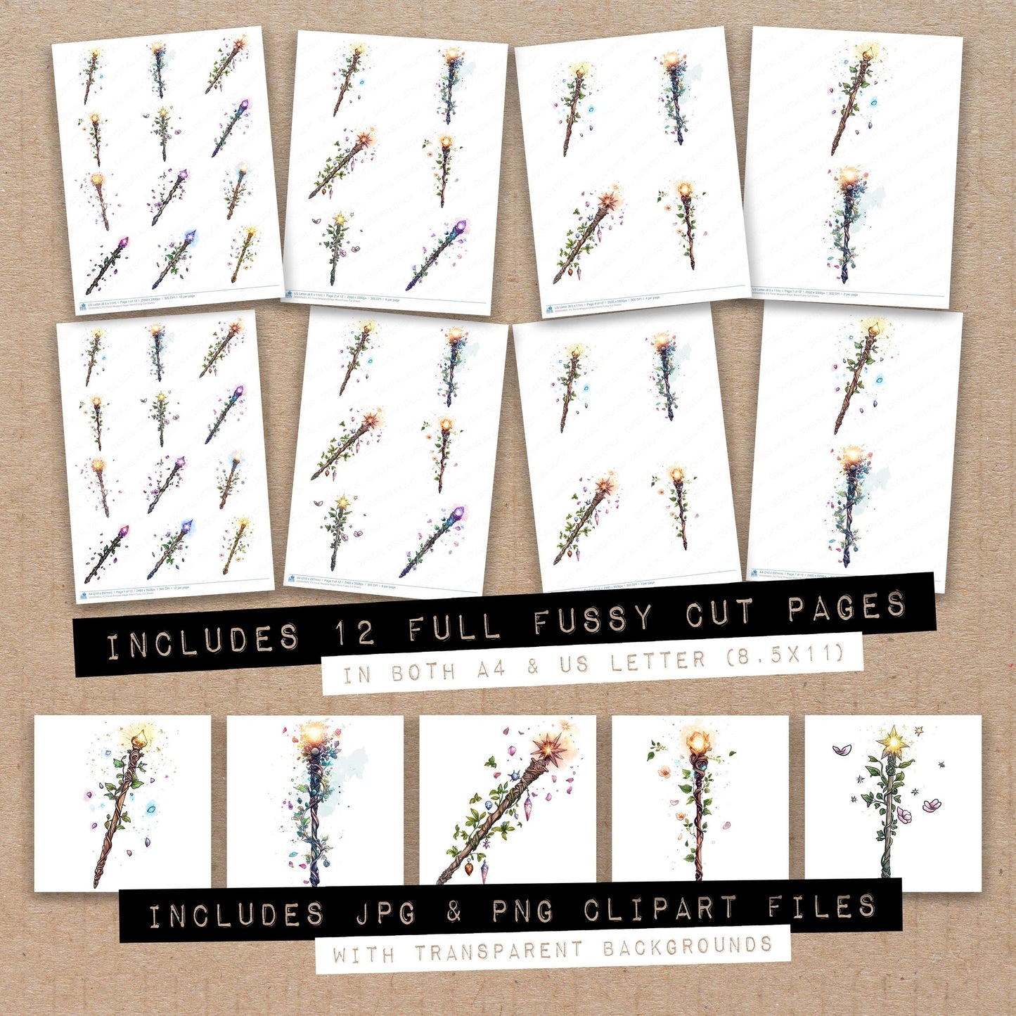 Full collection view of Floral Wrapped Magic Wand fussy cut sheets with bonus clipart JPG and PNG files