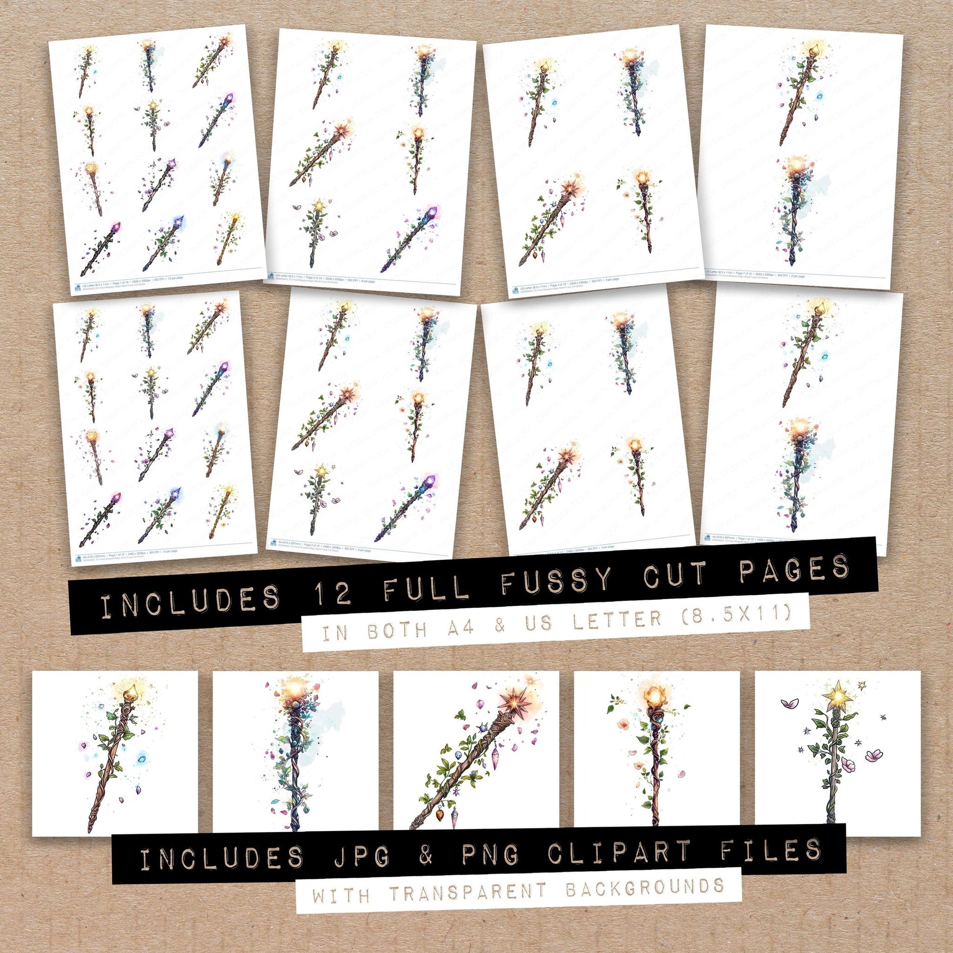 Full collection view of Floral Wrapped Magic Wand fussy cut sheets with bonus clipart JPG and PNG files