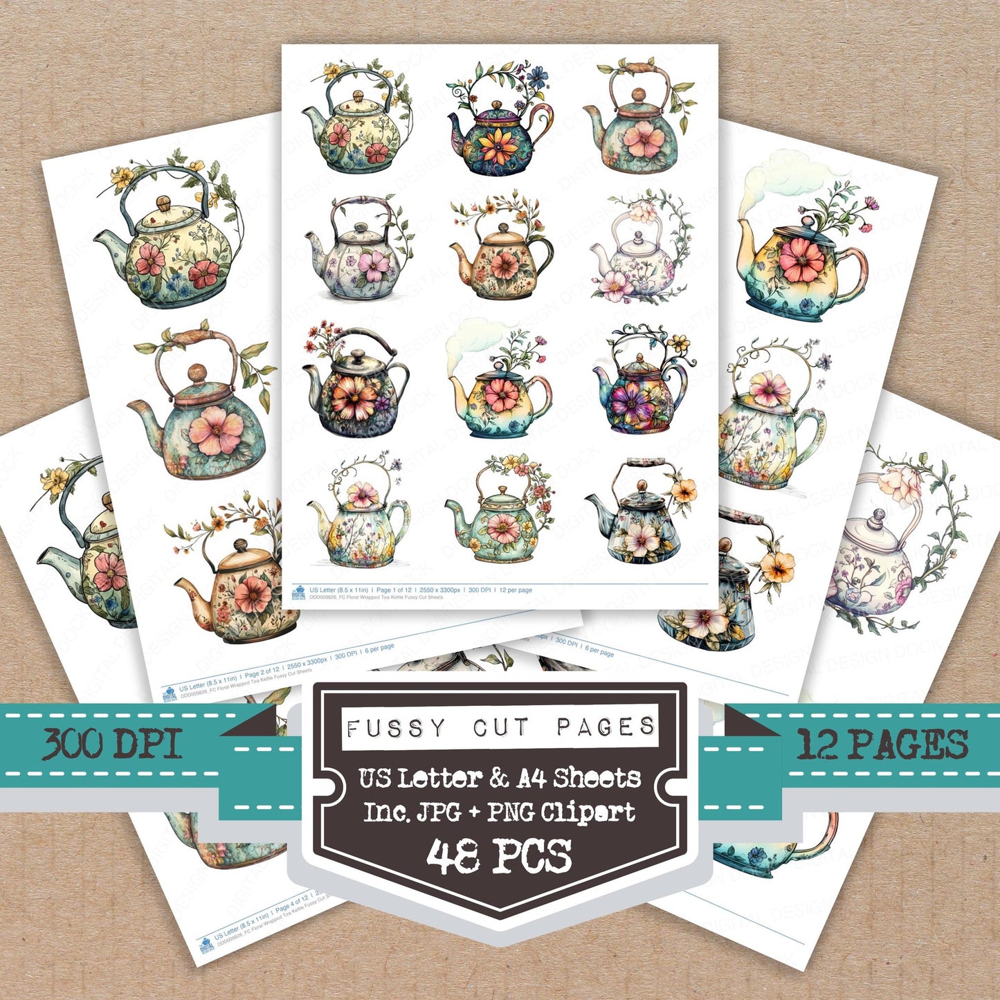 Floral Wrapped Tea Kettle fussy cut printable sheets for junk journaling, scrapbooking, and paper craft projects
