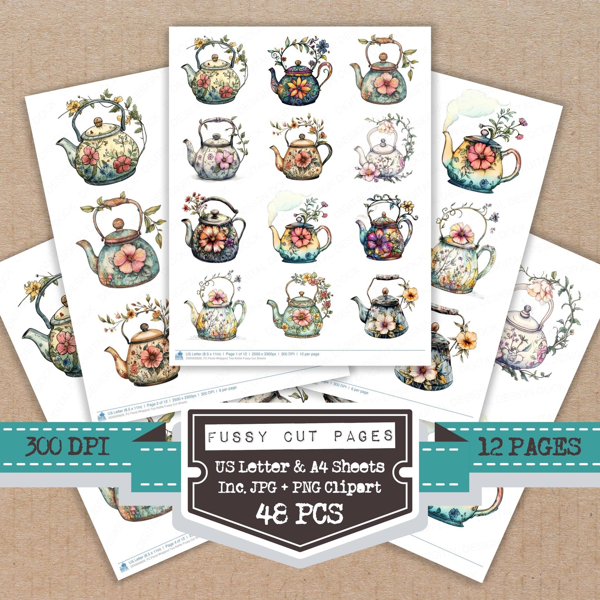 Floral Wrapped Tea Kettle fussy cut printable sheets for junk journaling, scrapbooking, and paper craft projects