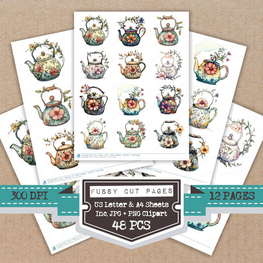 Floral Wrapped Tea Kettle fussy cut printable sheets for junk journaling, scrapbooking, and paper craft projects