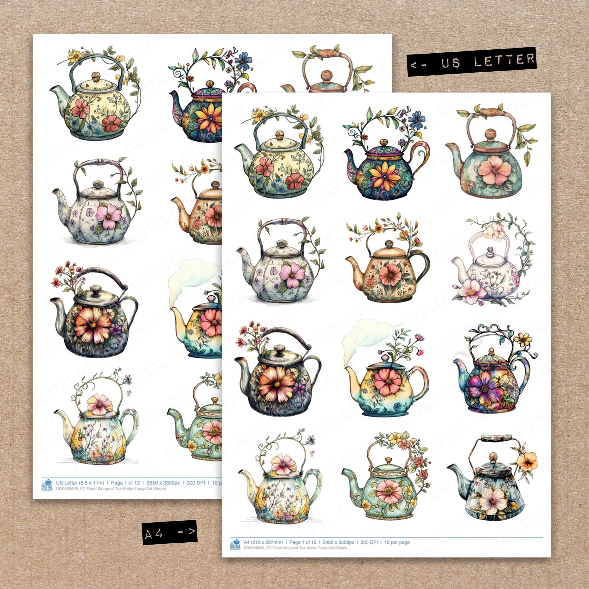 A4 and US Letter format comparison showing Floral Wrapped Tea Kettle fussy cut pages for print and cut crafting