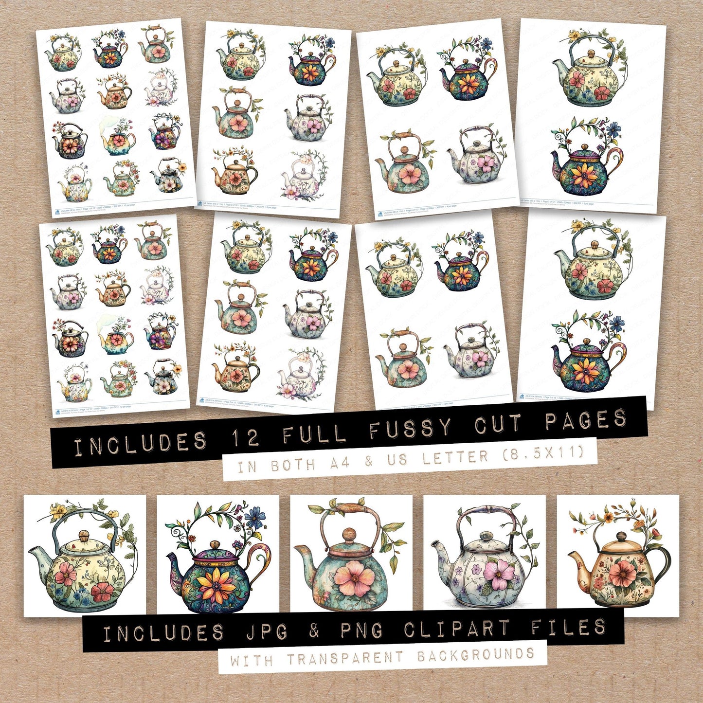 Full collection view of Floral Wrapped Tea Kettle fussy cut sheets with bonus clipart JPG and PNG files