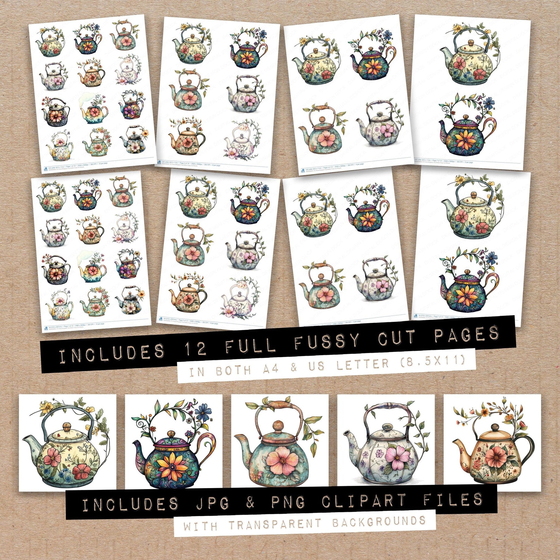 Full collection view of Floral Wrapped Tea Kettle fussy cut sheets with bonus clipart JPG and PNG files