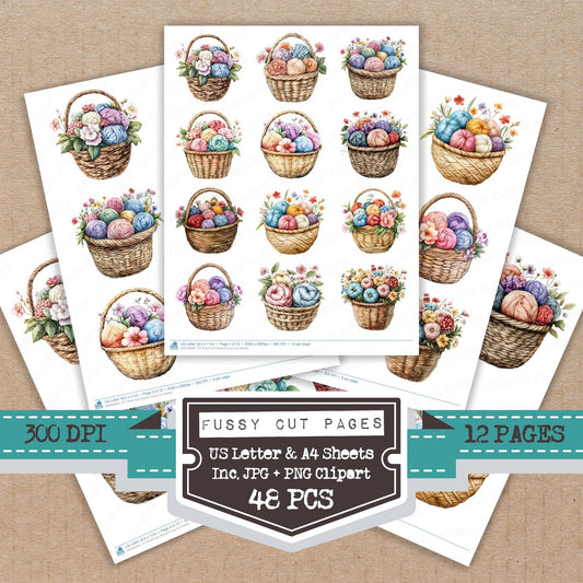 Floral Yarn Basket fussy cut printable sheets for junk journaling, scrapbooking, and paper craft projects