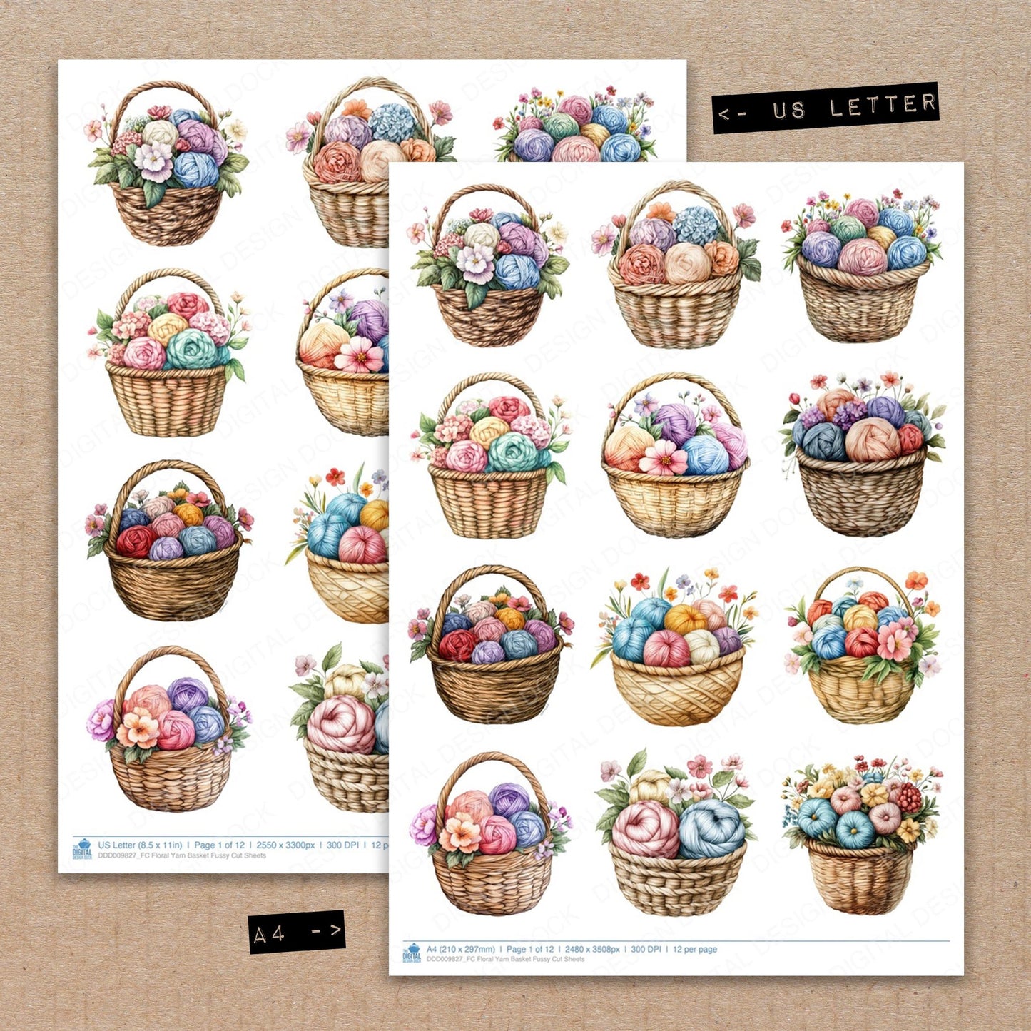 A4 and US Letter format comparison showing Floral Yarn Basket fussy cut pages for print and cut crafting