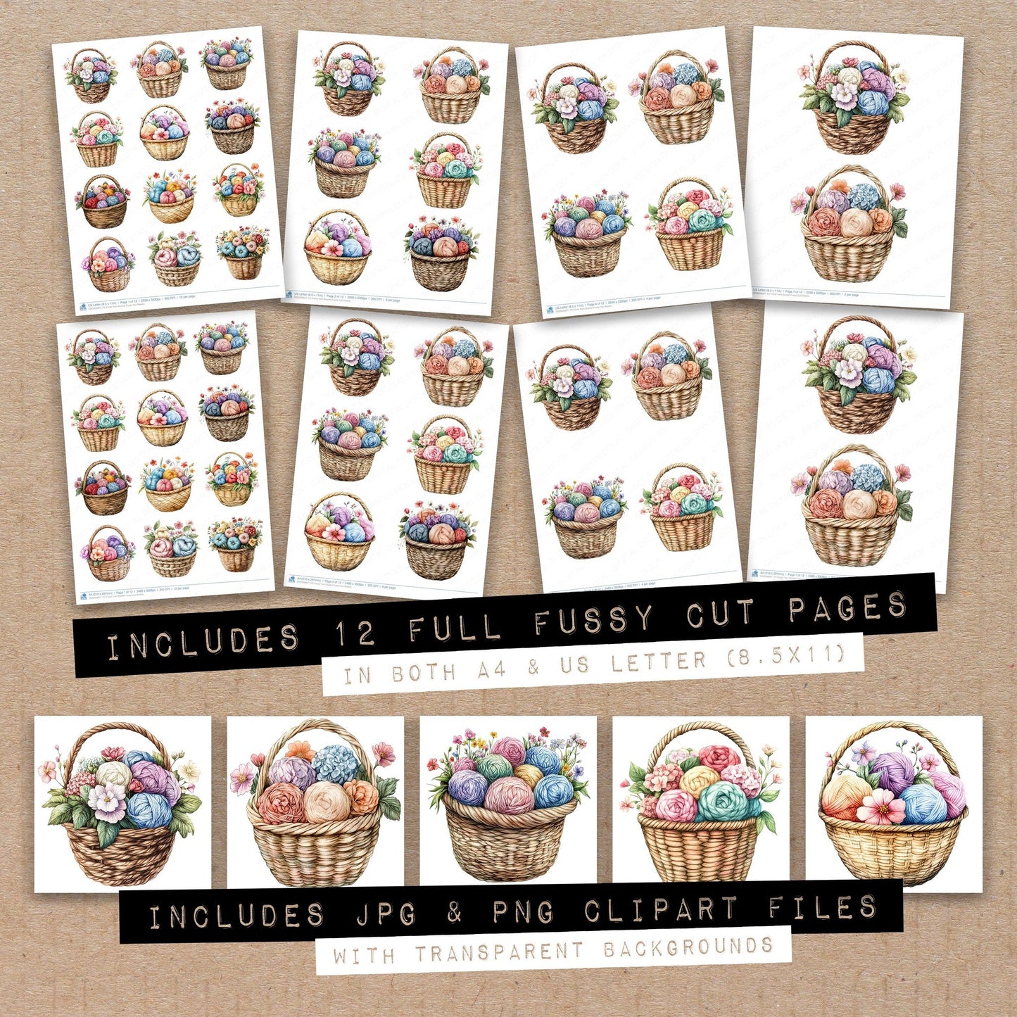 Full collection view of Floral Yarn Basket fussy cut sheets with bonus clipart JPG and PNG files
