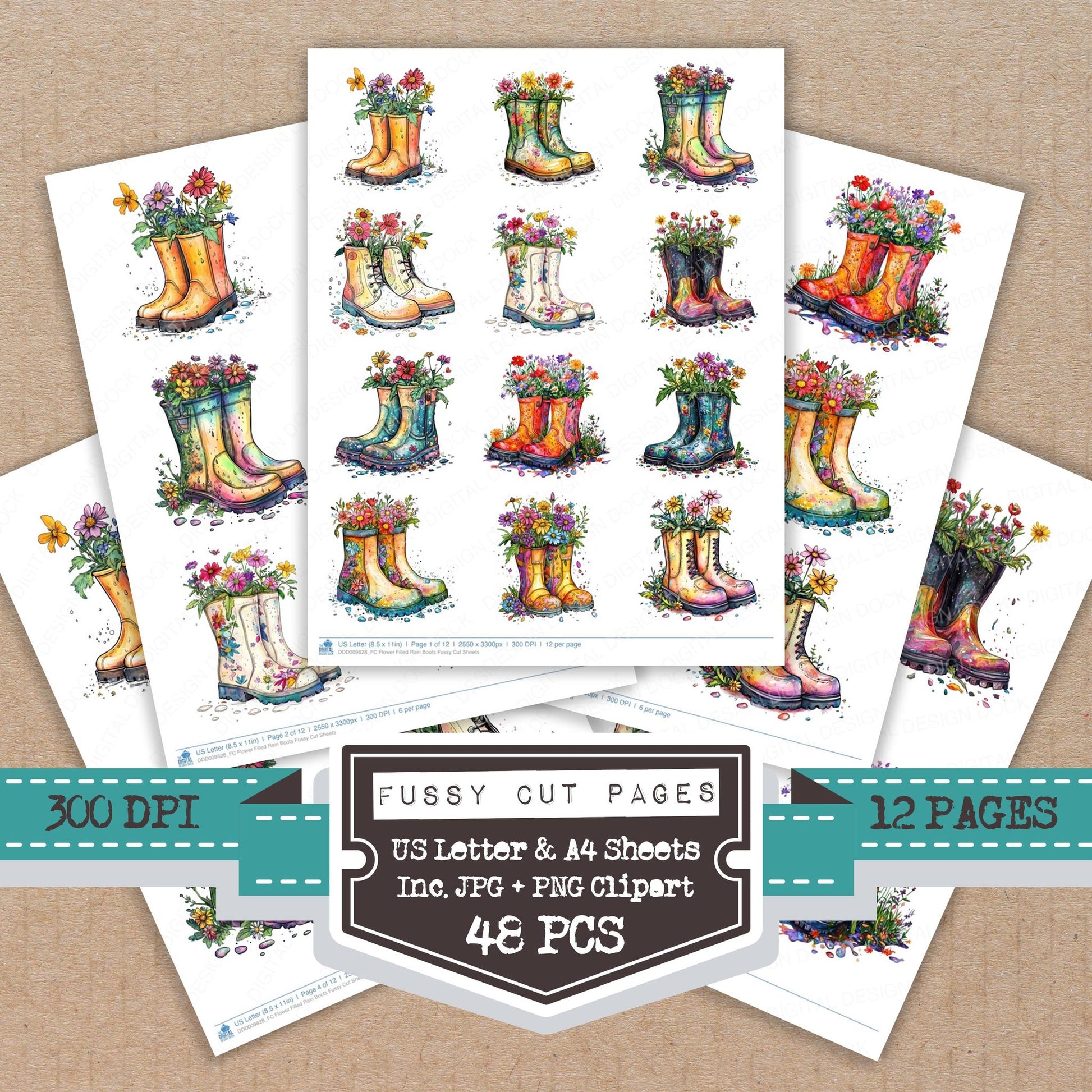 Flower Filled Rain Boots fussy cut printable sheets for junk journaling, scrapbooking, and paper craft projects